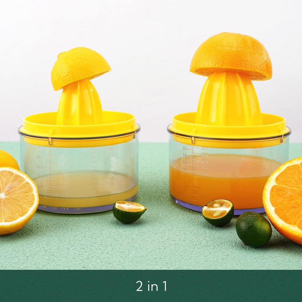 KITCHENDAO 2 in 1 lemon squeezer with lid for Sanitary Storage, Manual Hand Squeezer with Built-in 16OZ Measuring Cup, Multi-function Manual Citrus Juicer with Reamers and Non-Slip Base, BPA Free