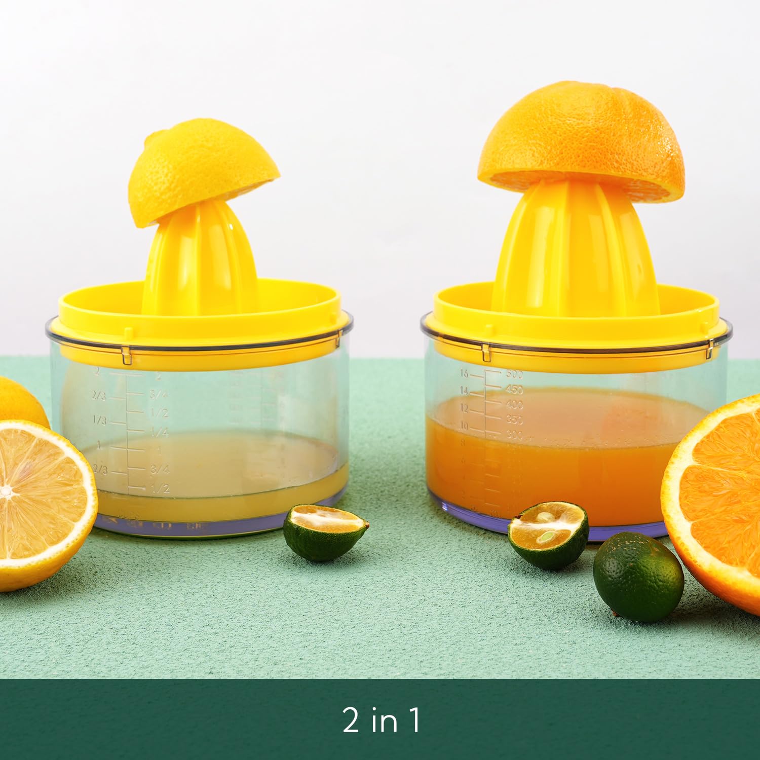 KITCHENDAO 2 in 1 lemon squeezer with lid for Sanitary Storage, Manual Hand Squeezer with Built-in 16OZ Measuring Cup, Multi-function Manual Citrus Juicer with Reamers and Non-Slip Base, BPA Free