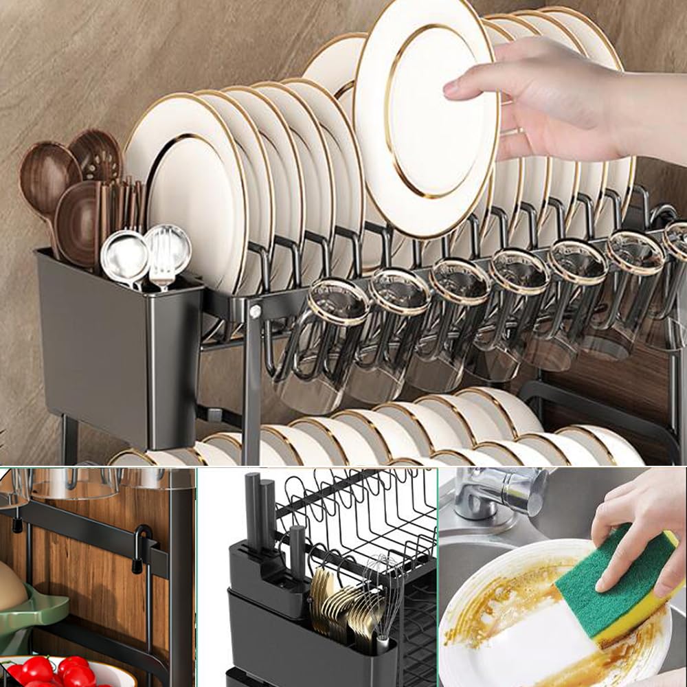Dish Drying Rack,2 Tier Drying Rack Kitchen with Drainboard,Large Capacity Dish Drainer Organizer Shelf with Utensil Holder, Cup Rack for Kitchen Counter (Black)