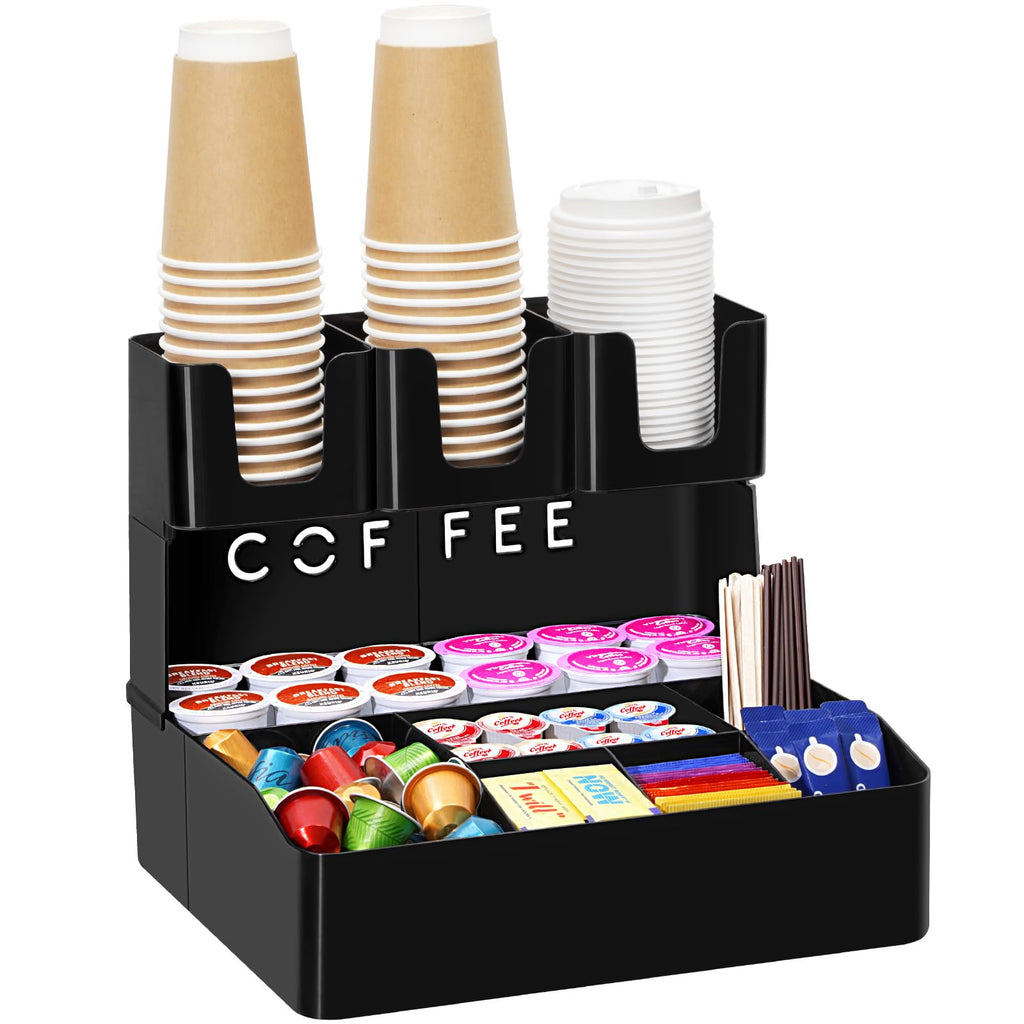 Lifewit Modern Black Coffee Bar Organizer, 10 Compartments, Countertop Coffee Station, Office Breakroom, Home Kitchen
