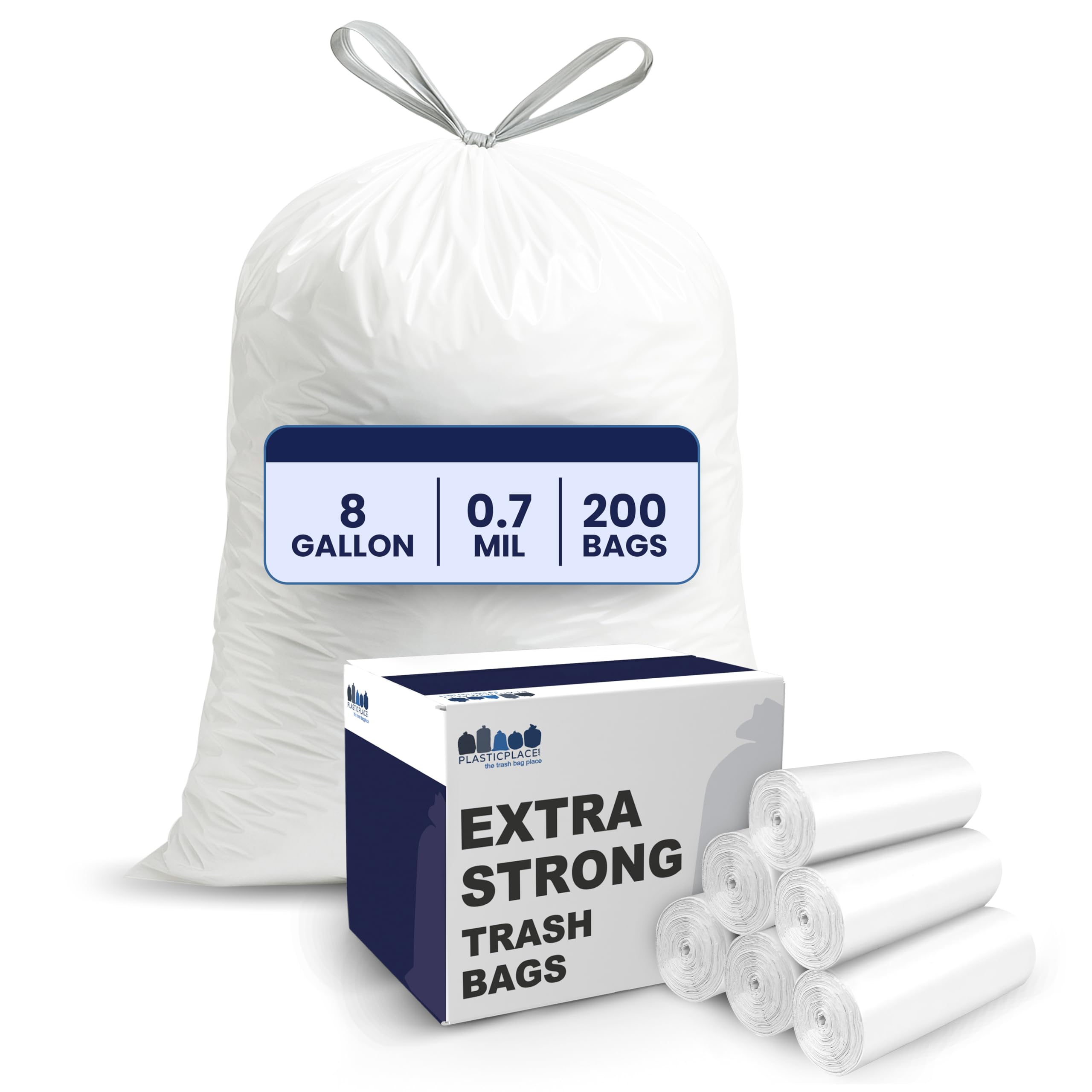Plasticplace 8 Gallon Trash Bags │ 0.7 Mil │ White Drawstring Garbage Can Liners │ 22" x 22" (200 Case), Count