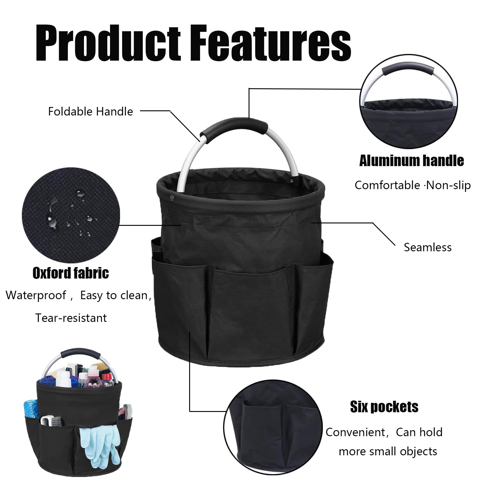 Cleaning caddy storage bag with foldable cleaning bucket handle, suitable for cleaners and butlers with multi pocket tool kit, 6 pockets, foldable design, black