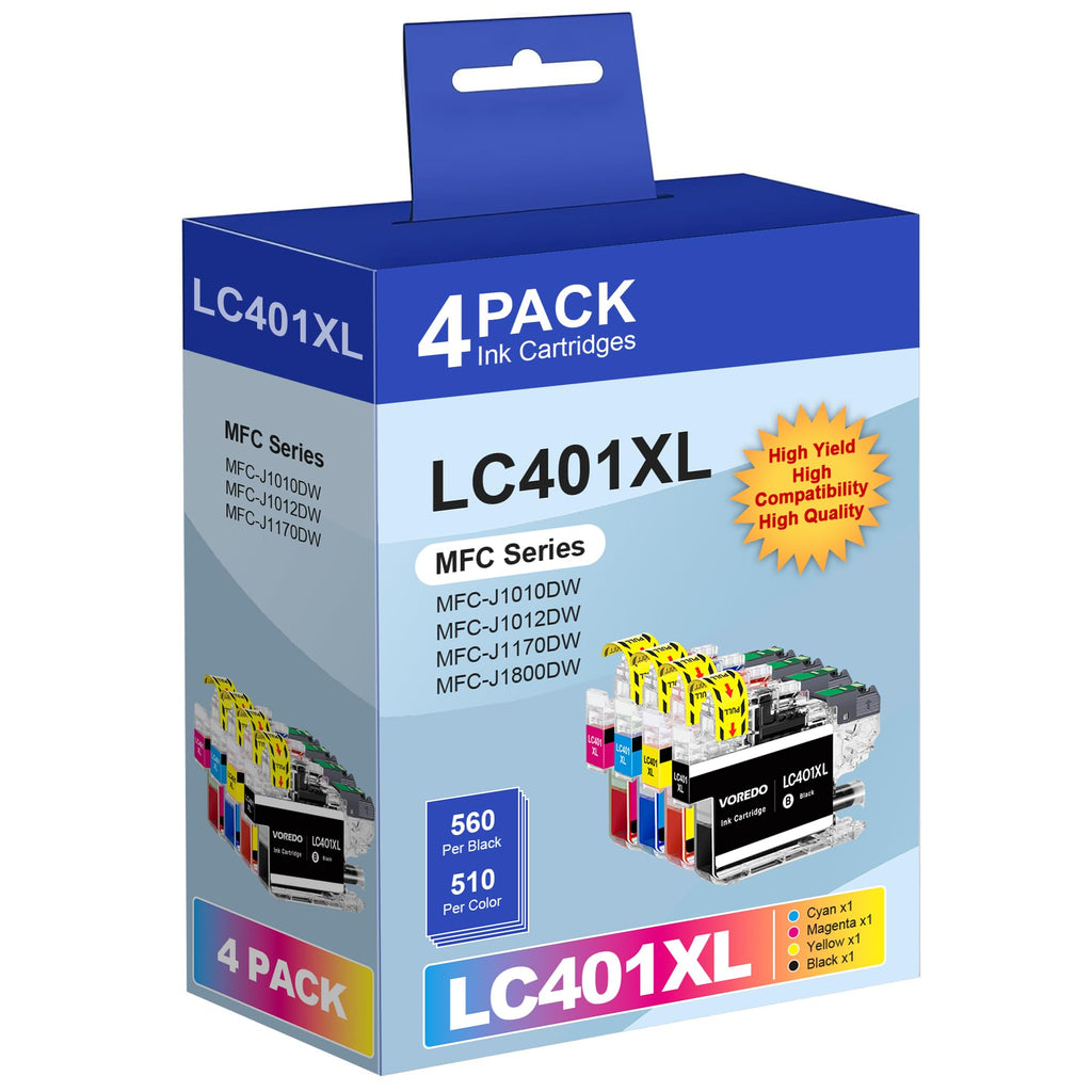 4 Pack LC401 Ink Cartridge LC 401XL Ink Replacement for Brother LC401 XL Ink for Brother LC 401 XL Ink for MFC J1010DW LC401XL for MFC J1012DW J1170DW MFC-J1800DW Printer (Black Cyan Magenta Yellow)
