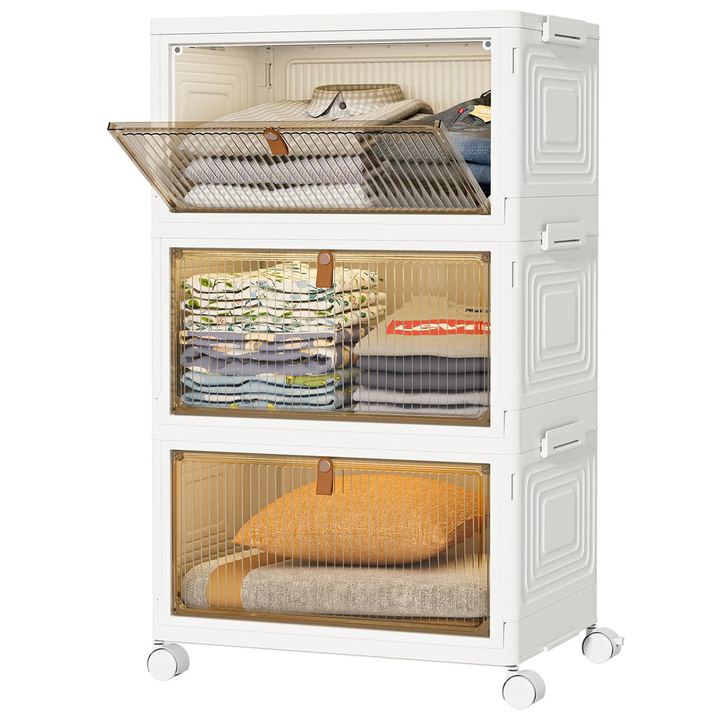 HOMIDEC Closet Organizers, 3 Tiers with a Top Lid, Wardrobe Closet with Wheels, Closet Organizers and Storage for Clothes, Stackable Closet Storage Bins, for Living Room, Bedroom, White 22L*3 Pack