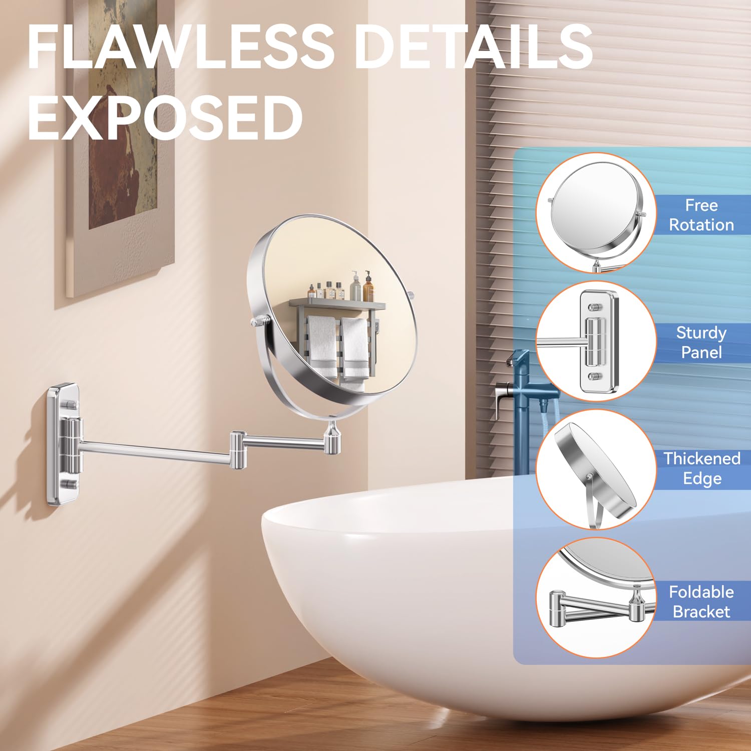 Auxmir 20X/1X Wall Mounted Makeup Mirror, 8" Double-Sided Magnifying Mirror with Tweezers, Bathroom Vanity Makeup Mirror, Cosmetic Mirror with 360° Swivel Extendable Arm, Chrome