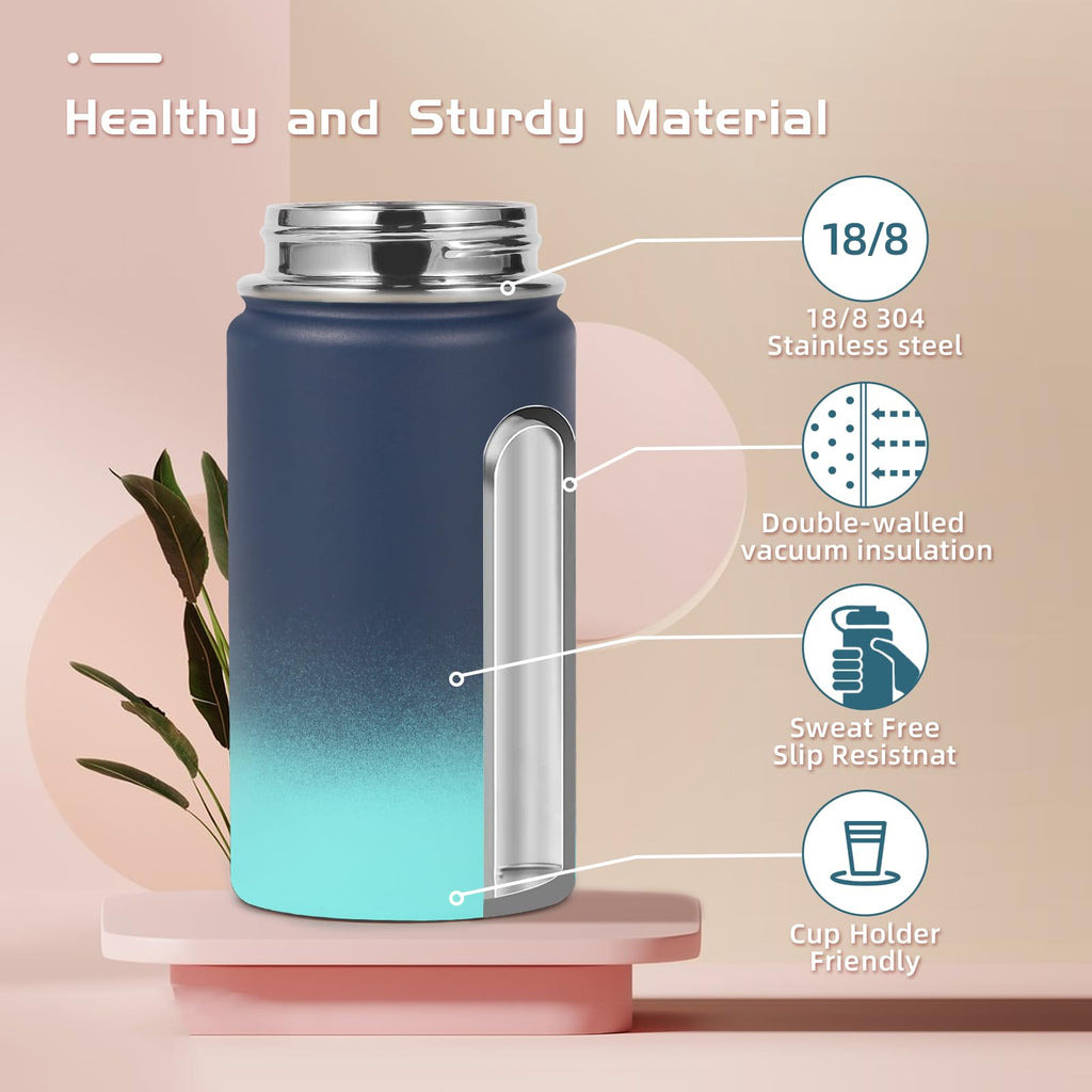 Volhoply 14oz Water Bottle with Straw Lid and Silicone Boot Bulk 2 Pack,Stainless Steel Insulated Flask for Boys & Girls Multipack,Double Wall Vacuum Leakproof Kids bottles(Assorted,2)