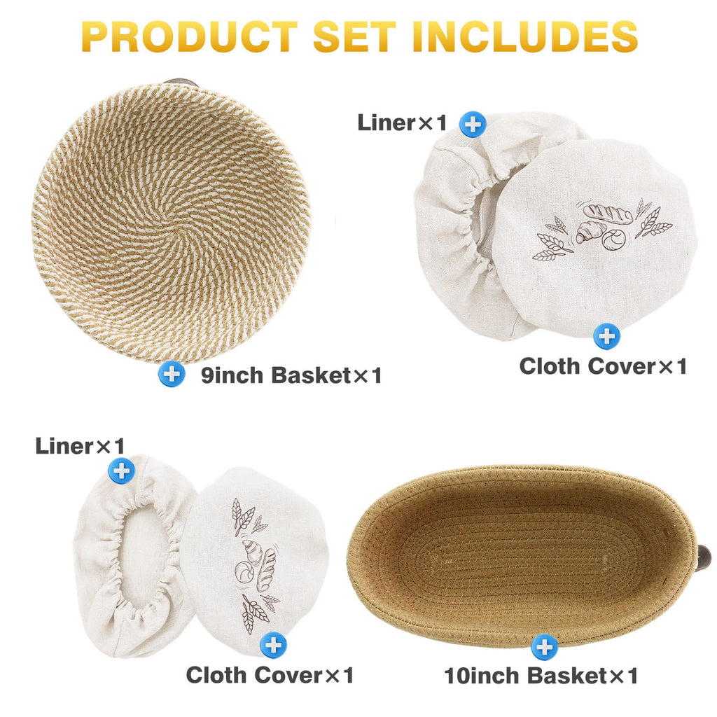 Nikkar Banneton Bread Proofing Basket Set of 2, 9 10 11Inch Round Oval Cotton Rope Sourdough Bread Baking Supplies Proofing Bowls with Liners & Covers Gifts for Bakers Women Wife Mom