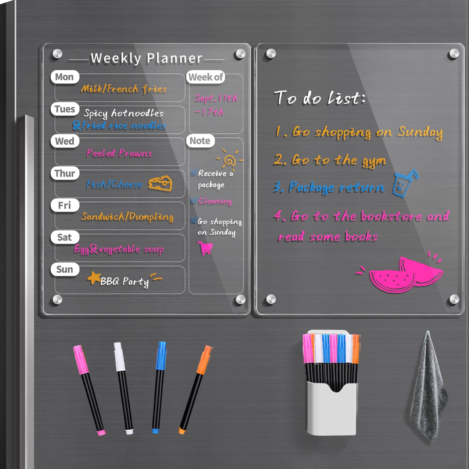 2 Pcs Magnetic Weekly Calendar for Fridge,9x12 Acrylic Magnet Dry Erase Board, Small Week Meal Planner Board for Refrigerator, Clear Whiteboard Calendar Includes 4 Colors Markers and Pen Container