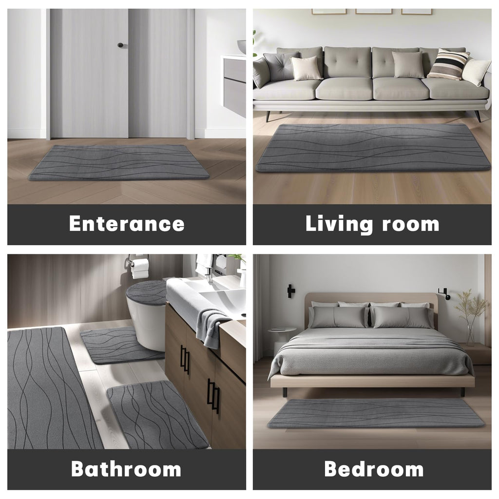 YIHOUSE Memory Foam Grey Bath Mat Set 3 Piece, Ultra Absorbent Bath Mat for Bathroom - Non-Slip Machine Washable & Dry Quickly, 3 Piece Bathroom Mat Set, Dark Grey