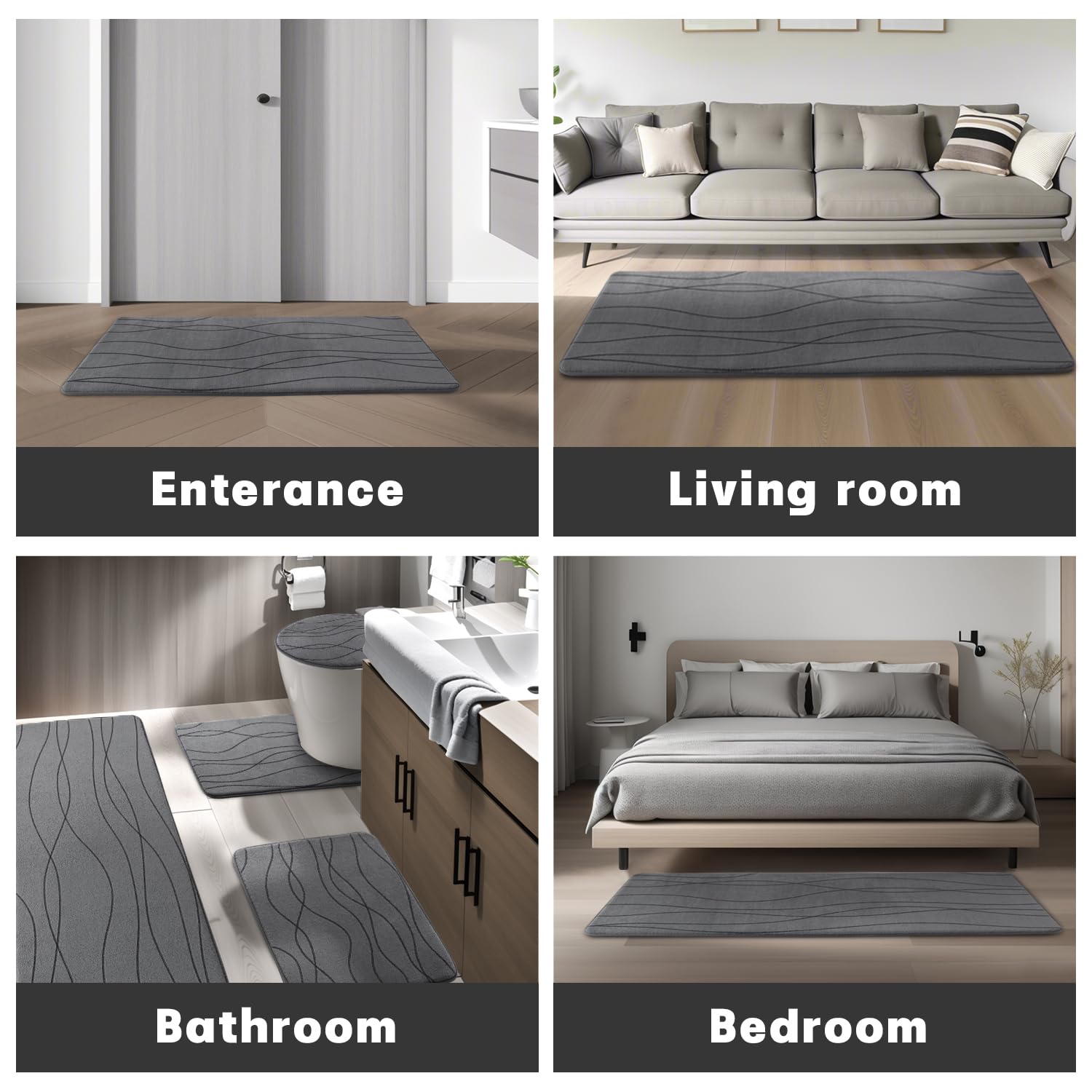 YIHOUSE Memory Foam Grey Bath Mat Set 3 Piece, Ultra Absorbent Bath Mat for Bathroom - Non-Slip Machine Washable & Dry Quickly, 3 Piece Bathroom Mat Set, Dark Grey