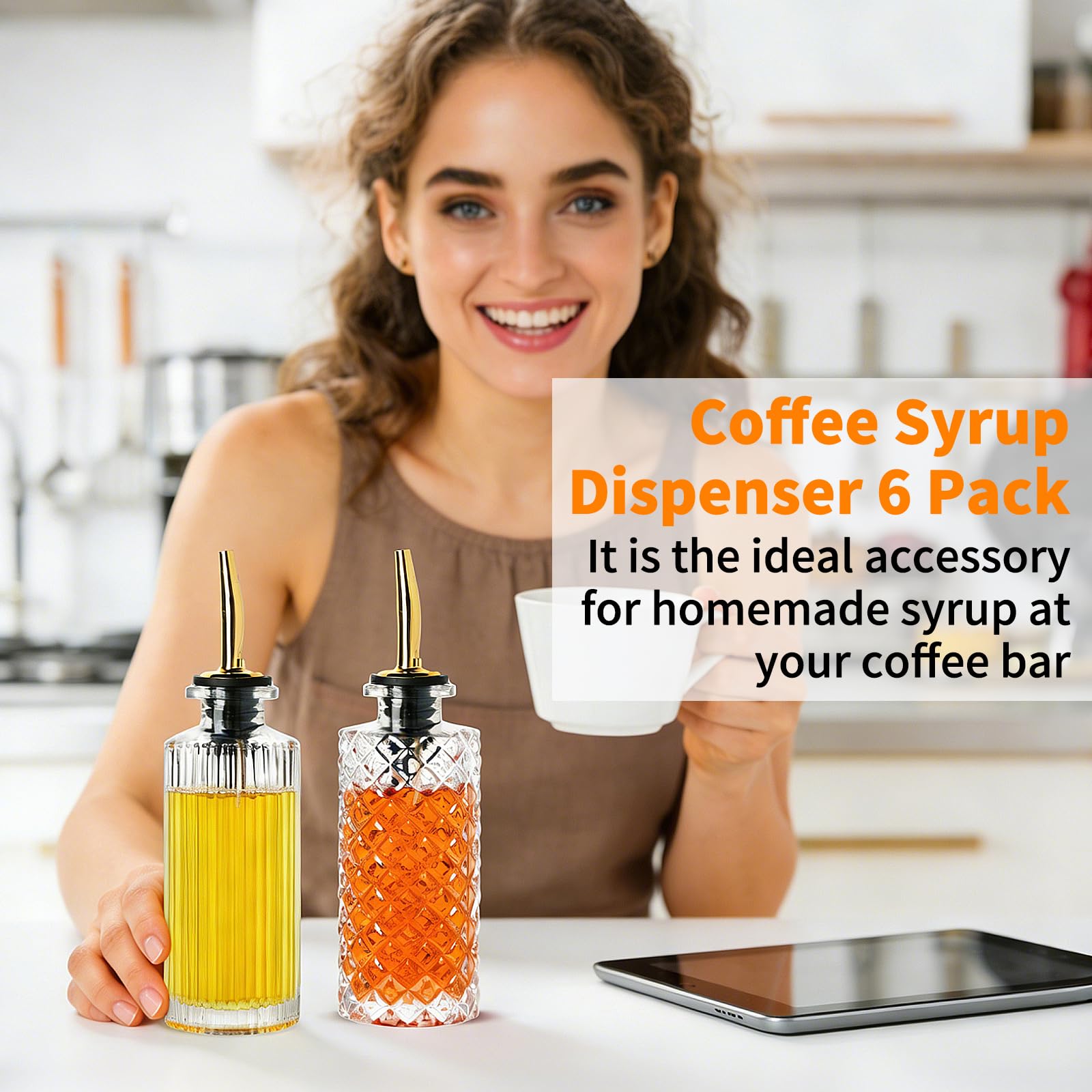 INFTYLE Coffee Syrup Dispenser Olive Oil and Vinegar Glass Bottle Set of 6 Ideal for Kitchen, Coffee Bar, Clear Simple Small Syrup Bottles, with Leak-Proof Lids, Pour Spout, Glass Stopper