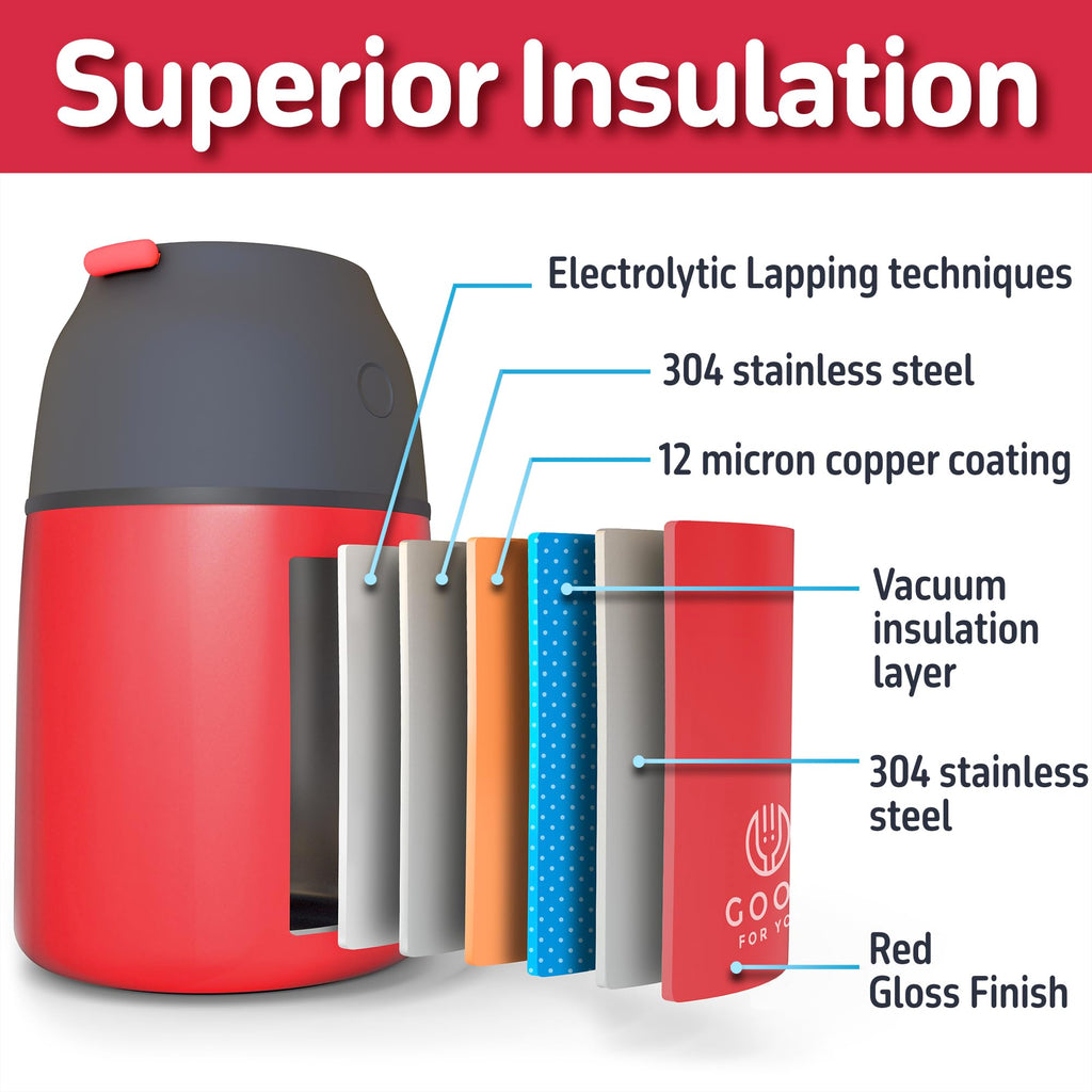 Insulated Food Flask - 530ml Stainless Steel Jar for Hot and Cold Meals – Double-Wall Insulation, Thermal Food Container for School, Office, Travel, Camping - Foldable Spoon, Bag - Red - 24.7 oz