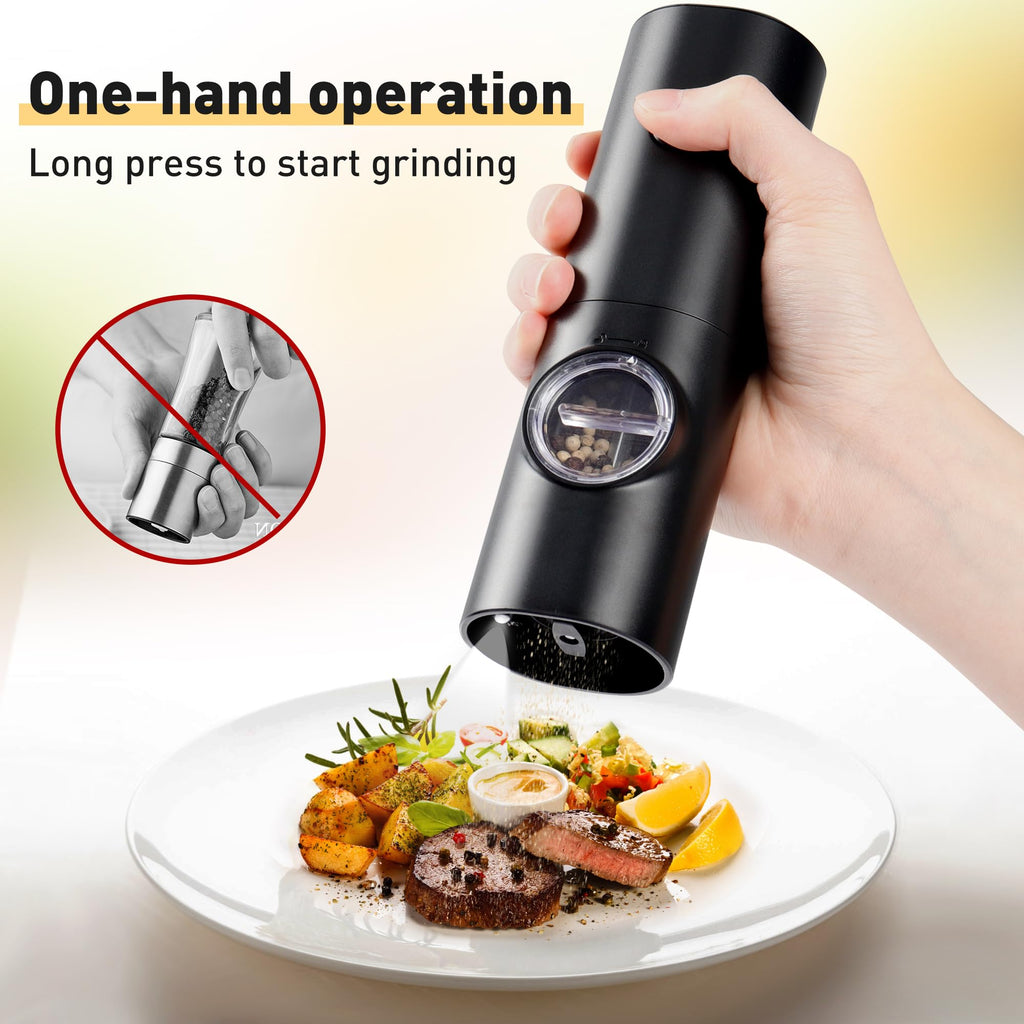 Gulex Electric Pepper Grinder or Salt Mill, Battery Powered Automatic Pepper Mill, Ceramic Grinder with Adjustable Coarseness, LED Light, One Hand Operation (1 pack)
