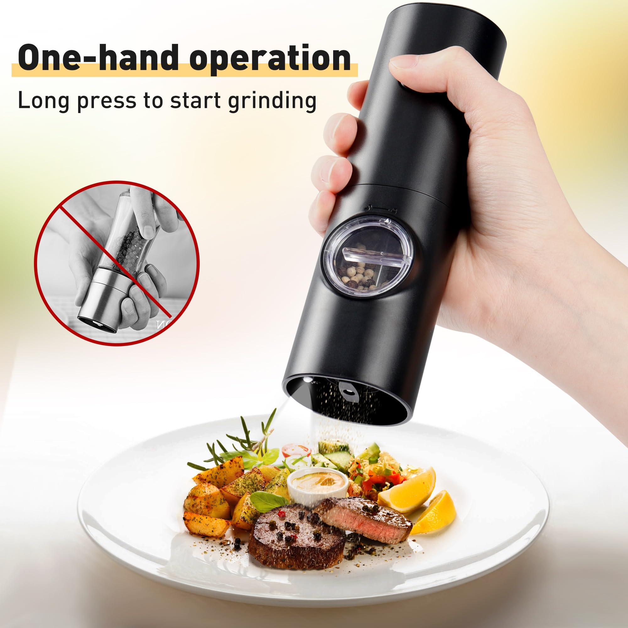 Gulex Electric Pepper Grinder or Salt Mill, Battery Powered Automatic Pepper Mill, Ceramic Grinder with Adjustable Coarseness, LED Light, One Hand Operation (1 pack)