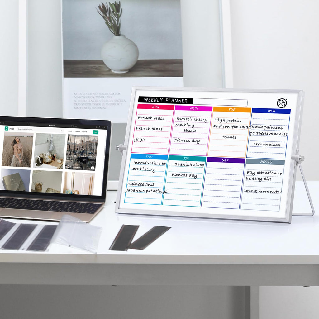 Dry Erase White Board with Stand, ARCOBIS 12" x 16" Weekly Double-Sided Desktop Whiteboard 10 Markers, 4 Magnets, 1 Eraser, Portable Magnetic Dry Erase Calendar for Planning, to Do List, Memo, School