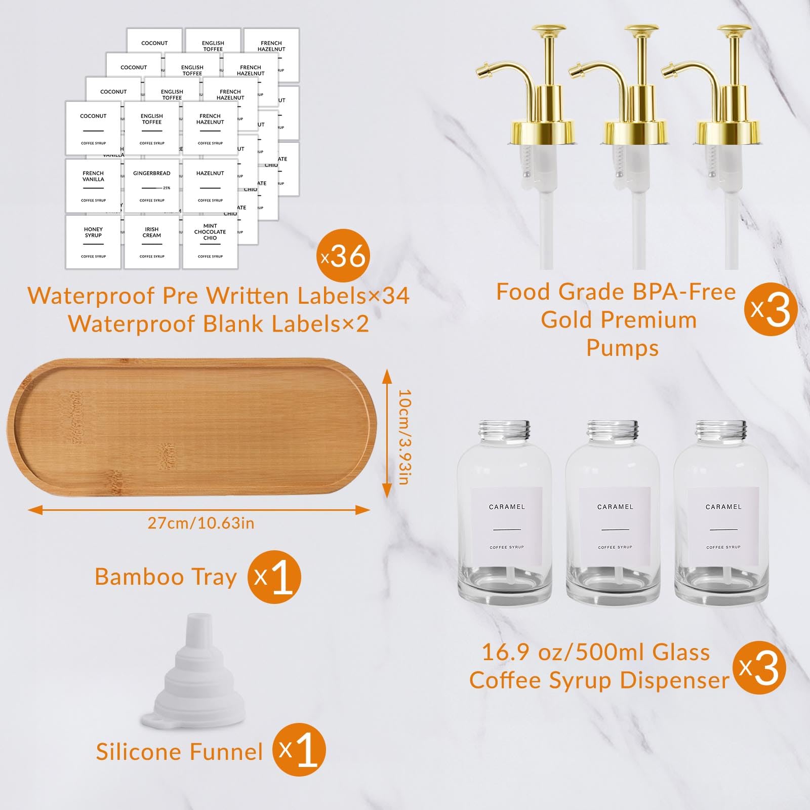 Sunal 3pack Coffee Syrup Dispenser,Gold 16.9 oz/500ml Glass Pump Bottles with Tray,Syrup Dispenser with Funnel&36 Labels for Kitchen&Coffee Bar