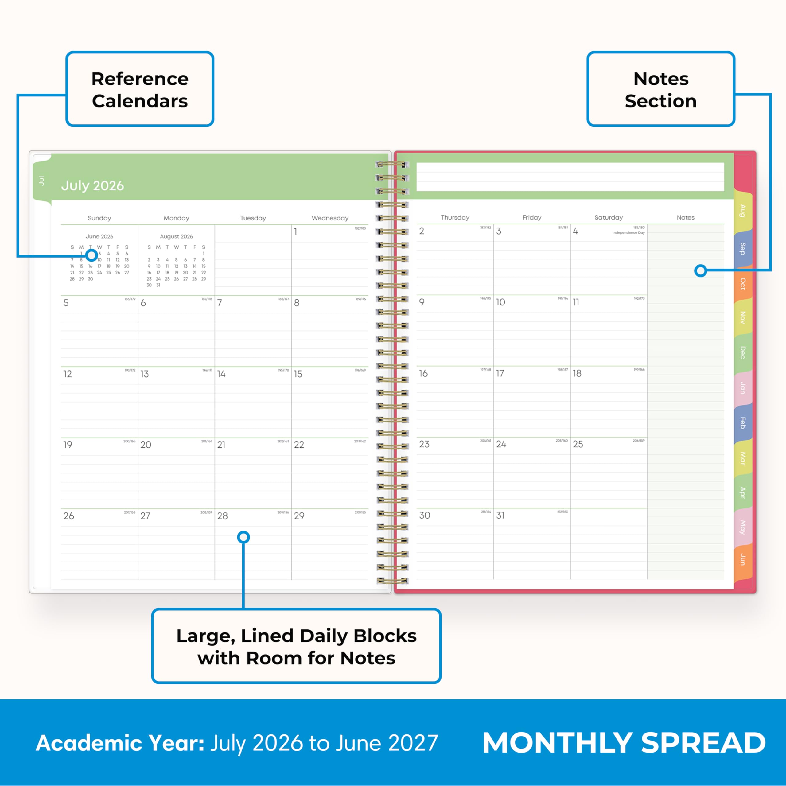 Blue Sky 2026-2027 Weekly and Monthly Academic Year Teacher Lesson Planner Calendar, July 2026 - June 2027, 8.5" x 11", Flexible Cover, Wirebound, Laminated Tabs, Storage Pocket, Apple Sketch