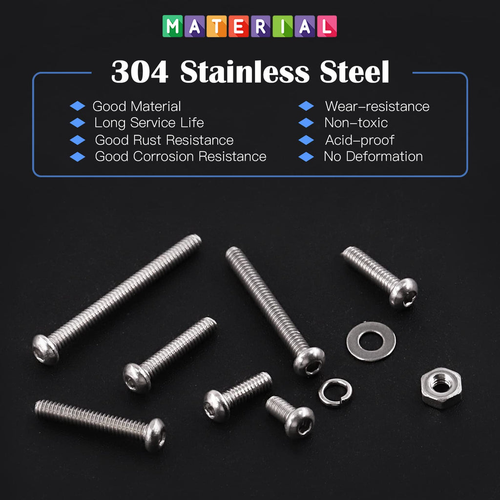 Glarks 1021Pcs M2 Button Head Screws 304 Stainless Steel Hex Socket Cap Screws Bolts and Nuts Washers Assortment Kit with Hex Wrench for Machinery Furniture Car Repair