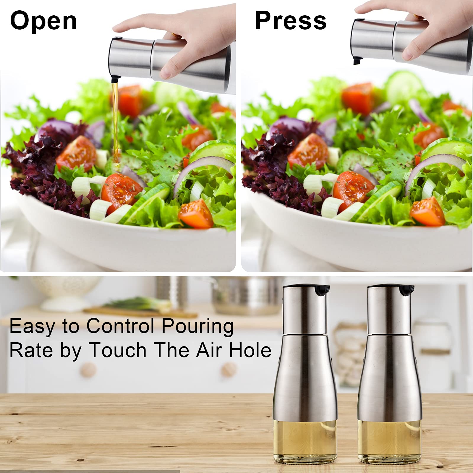 Tebery 300ml Silver Olive Oil & Vinegar Dispenser with Easy Pouring Spout, Stylish Stainless Steel with Glass Bottom, 300ml (Pack of 2)