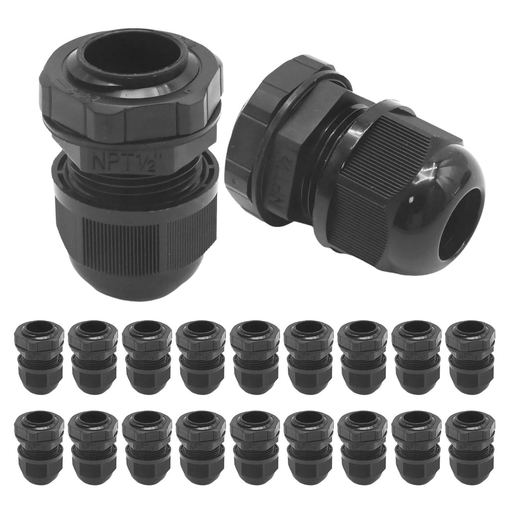 20Pcs 1/2" NPT Cable Glands, Waterproof Strain Relief Cord Connector, Adjustable Strain Relief Cord Connector Grip with Gaskets and Lock Nut for Junction Box Solar Energy