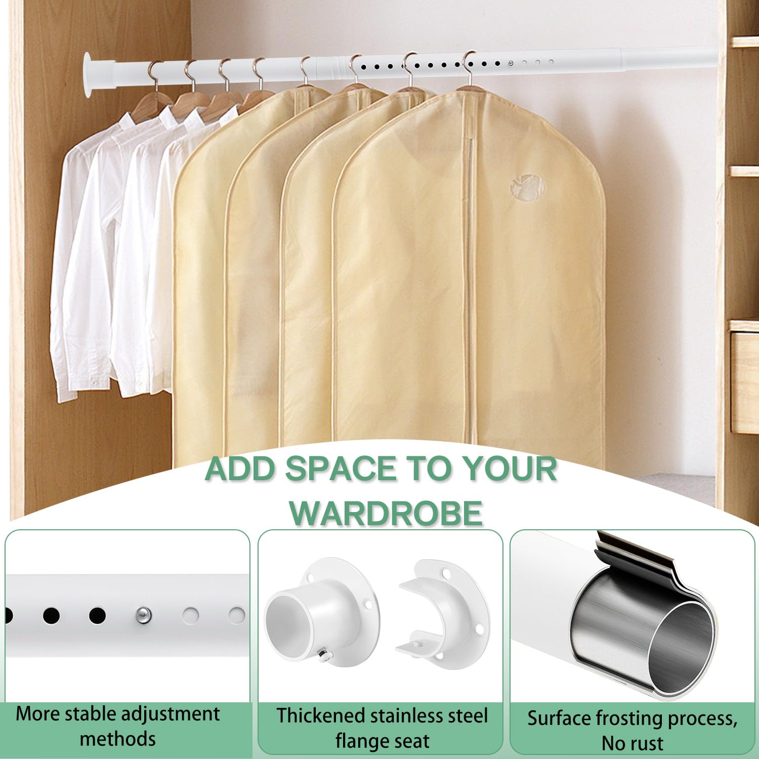Closet Rods for Hanging Clothes, 1.3 Inch Diameter Heavy Duty Closet Rod 17-75 Inches Adjustable Clothes Hanging Bar Matte White Shower Curtain Rods for Closet, Wardrobes, Bathroom, Windows