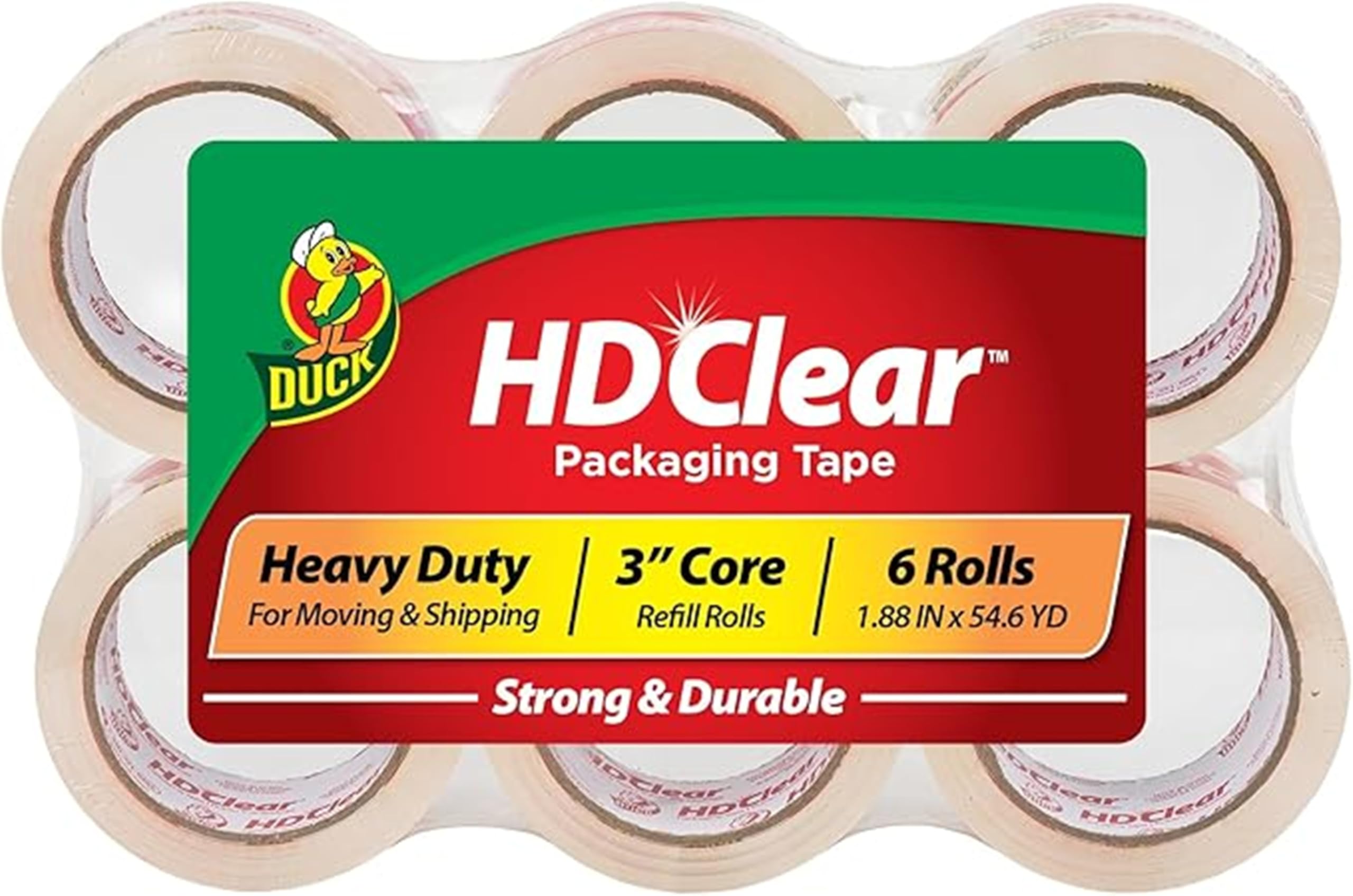 Duck Brand HD Clear High Performance Packaging Tape, 1.88-Inch x 54.6-Yard, Crystal Clear, 6-Pack (441962)