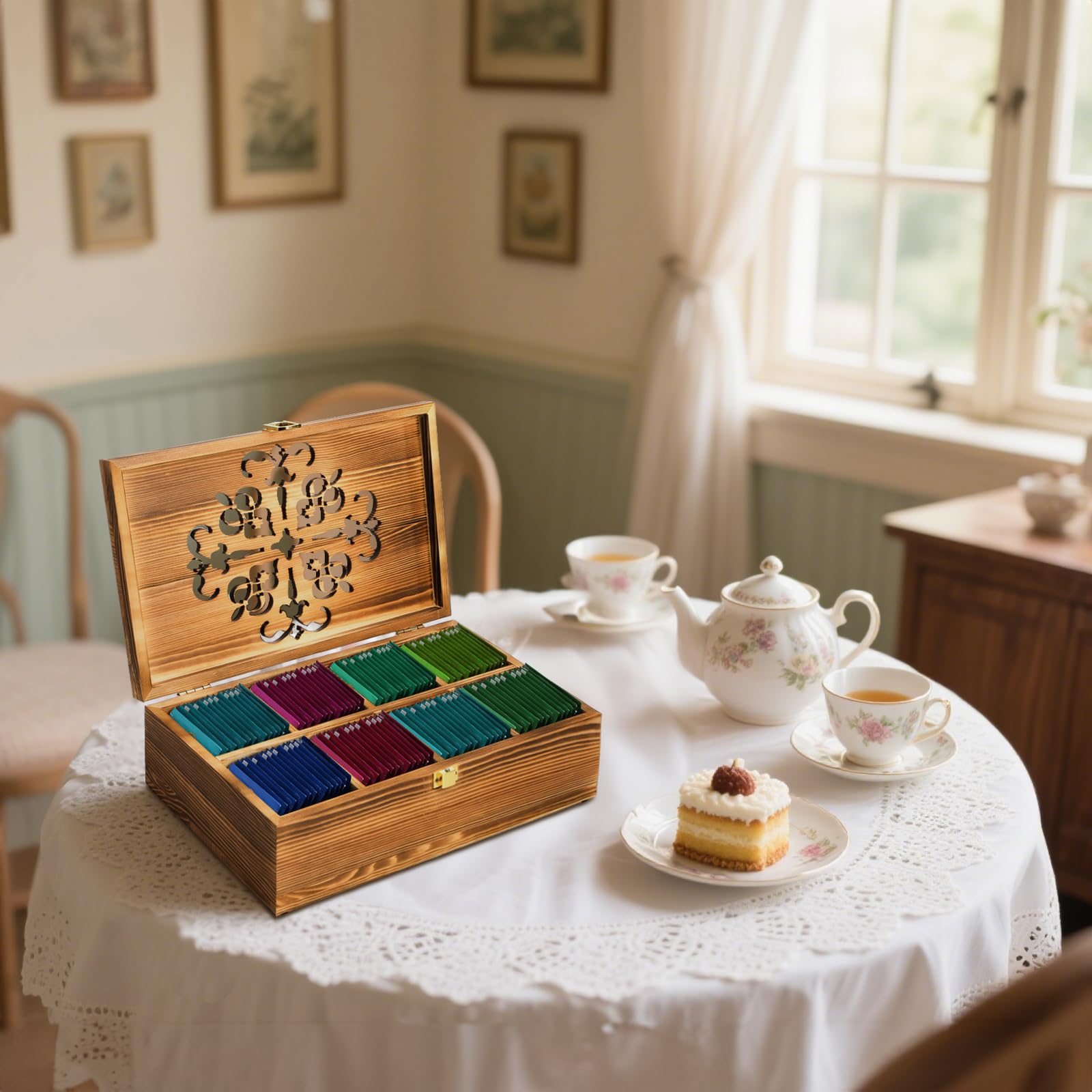 Coloch Wooden Tea Bag Storage Box with Carved Lid, 8-Compartment Tea Chest Organizer Spice Packets Container for Living Room, Kitchen, Gift for Office, Home Decor
