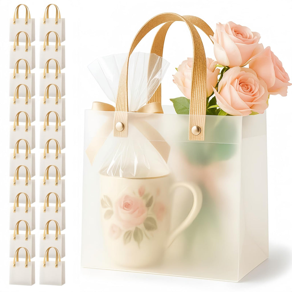 RYPER Clear Gift Bags with Handles 20 Pack, Semi-Transparent Favor Bags Frosted Loot Bags Medium Gift Bags, Reusable Plastic Goodie Treat Bags for Wedding, Birthday Party, Baby Shower & Small Business Boutique, 7.9x7.9x3.5in Mid-Size