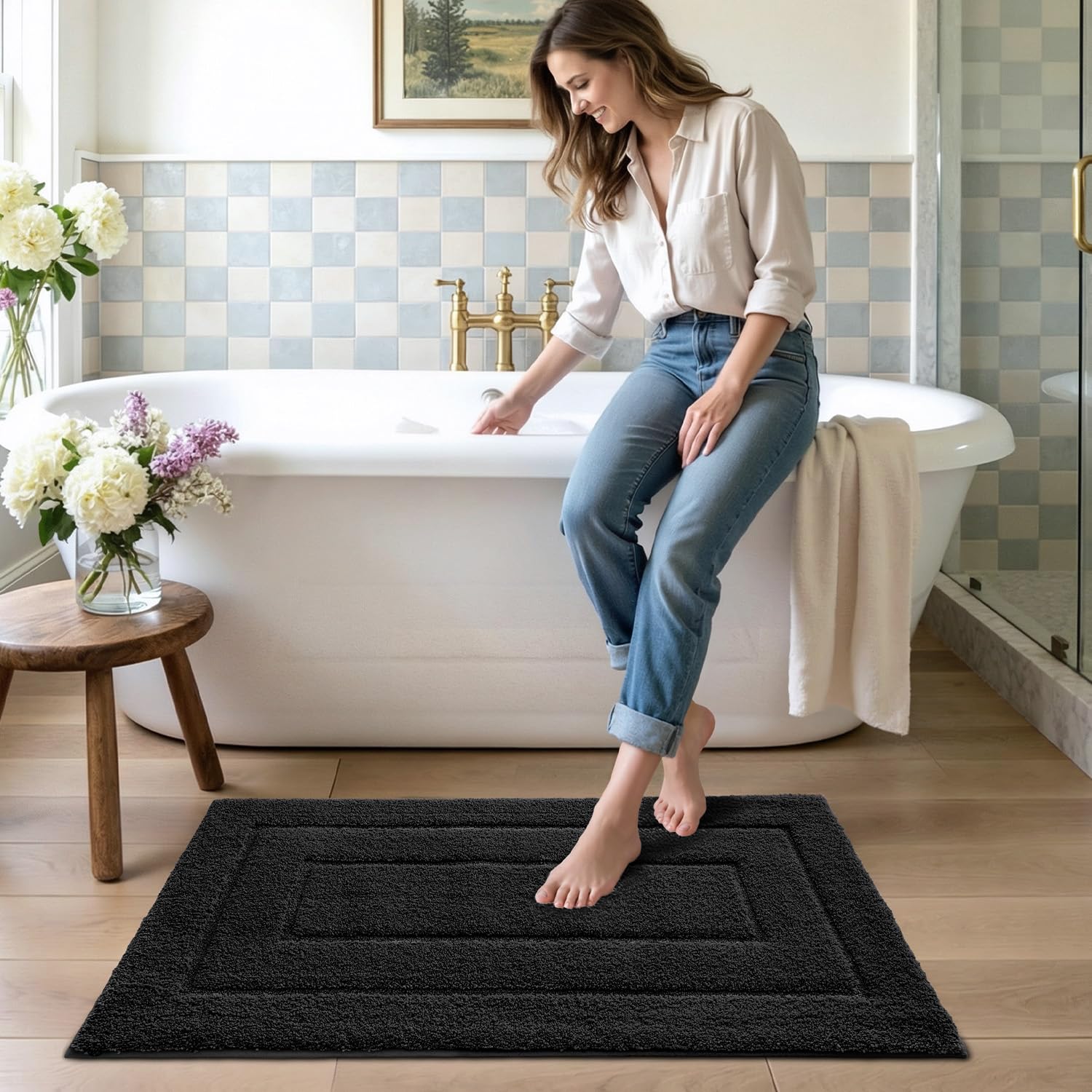 DEXI Bath Mat Non Slip, 16x24 Absorbent Microfiber Soft Bathroom Rug, Machine Washable Carpet for Shower Floor Bathmat Decor, Black