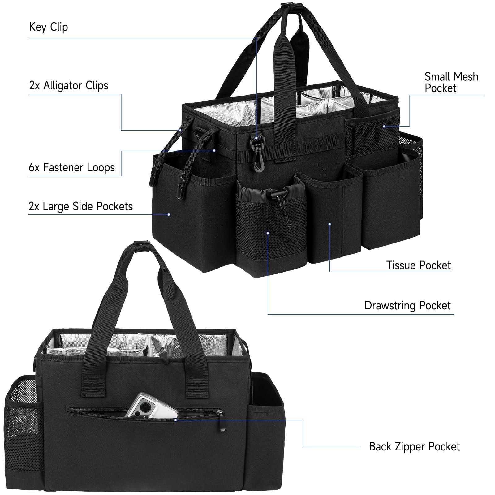 Jaffzora Cleaning Caddy Bag, Cleaning Supplies Organizer for Housekeepers, Housekeeping Caddy with Handle and Detachable Padded Cushion, Black