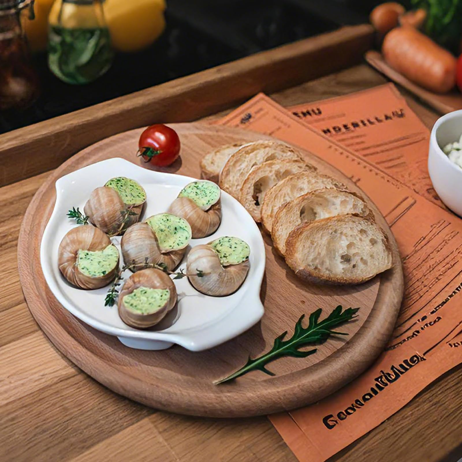 Okllen 4 Pack Ceramic Escargot Plates with 6 Holes and Handles, 6.5 Inch Seafood Snail Dish Footed Plates White Escargot Baking Dish Barbecue for Home, Kitchen, Restaurant