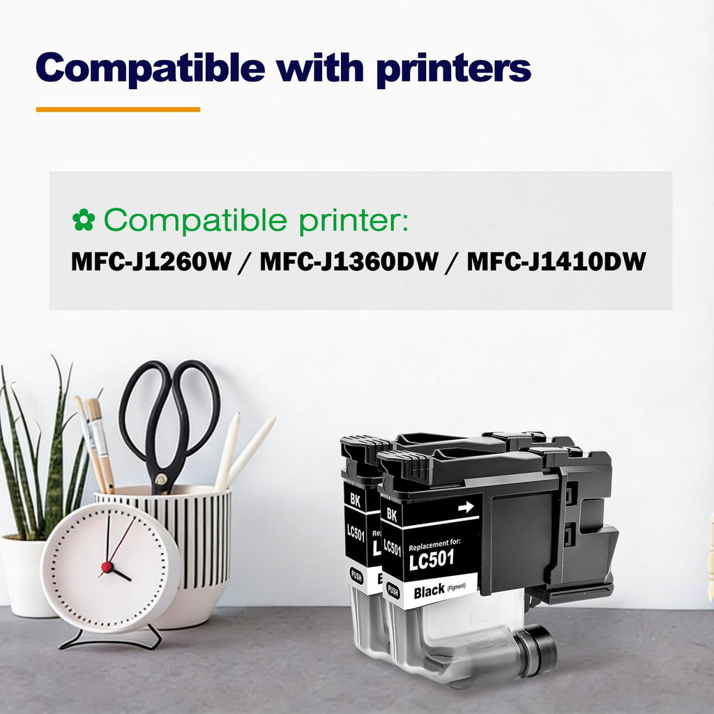 LC501 LC501BK Black Ink Cartridges Compatible with Brother LC501 LC501XL for MFC-J1260DW MFC-J1360DW MFC-J1410DW Printers (Black, BK*2)