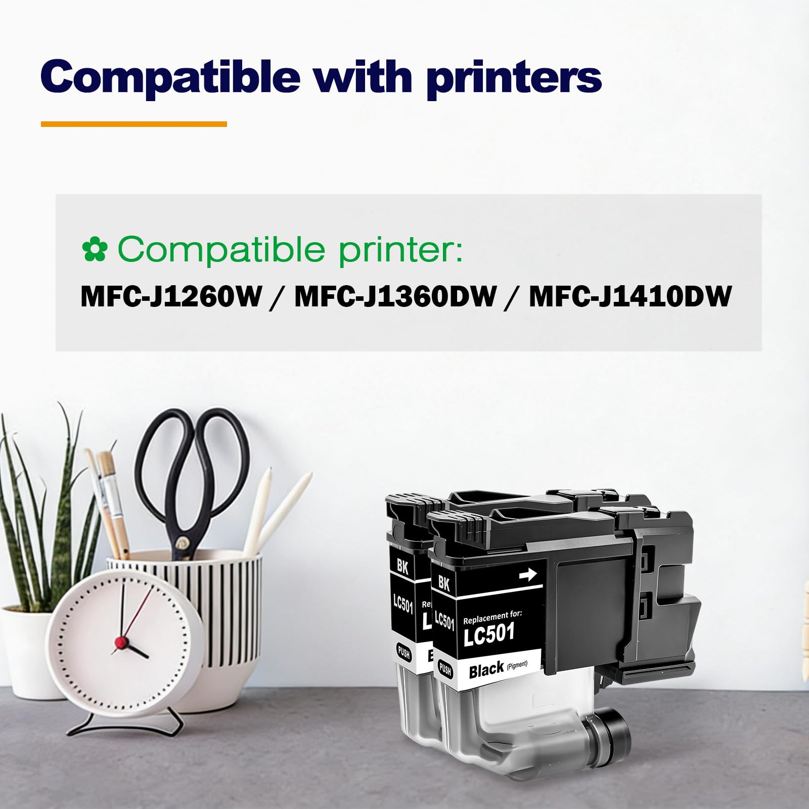 LC501 LC501BK Black Ink Cartridges Compatible with Brother LC501 LC501XL for MFC-J1260DW MFC-J1360DW MFC-J1410DW Printers (Black, BK*2)