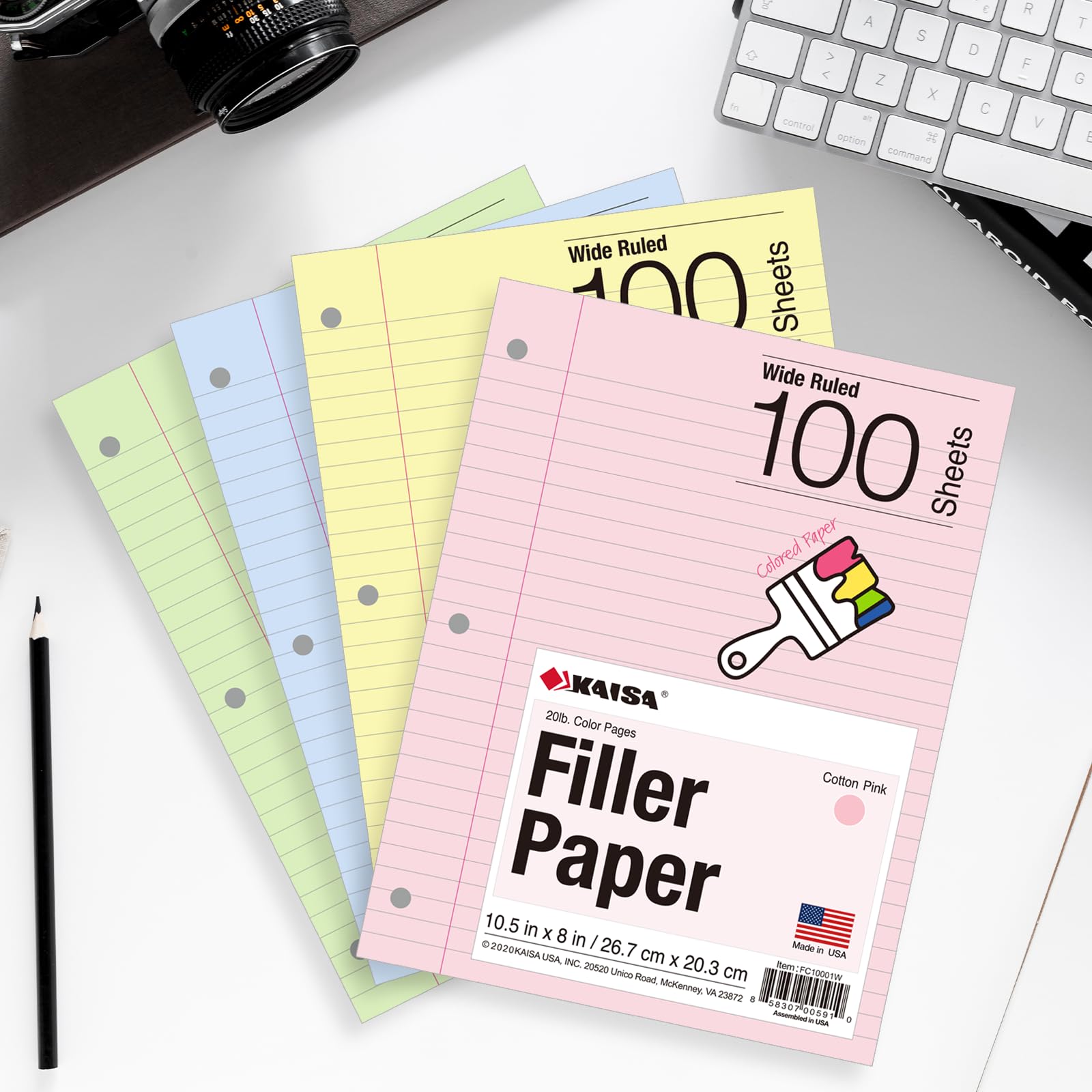 Kaisa Filler Paper Colored Loose Leaf Paper, Wide Ruled, 8x10.5in Colored and 3-Hole Punched for 3-Ring Binders, 100Sheets/Pack, 4-Pack, FC10001W