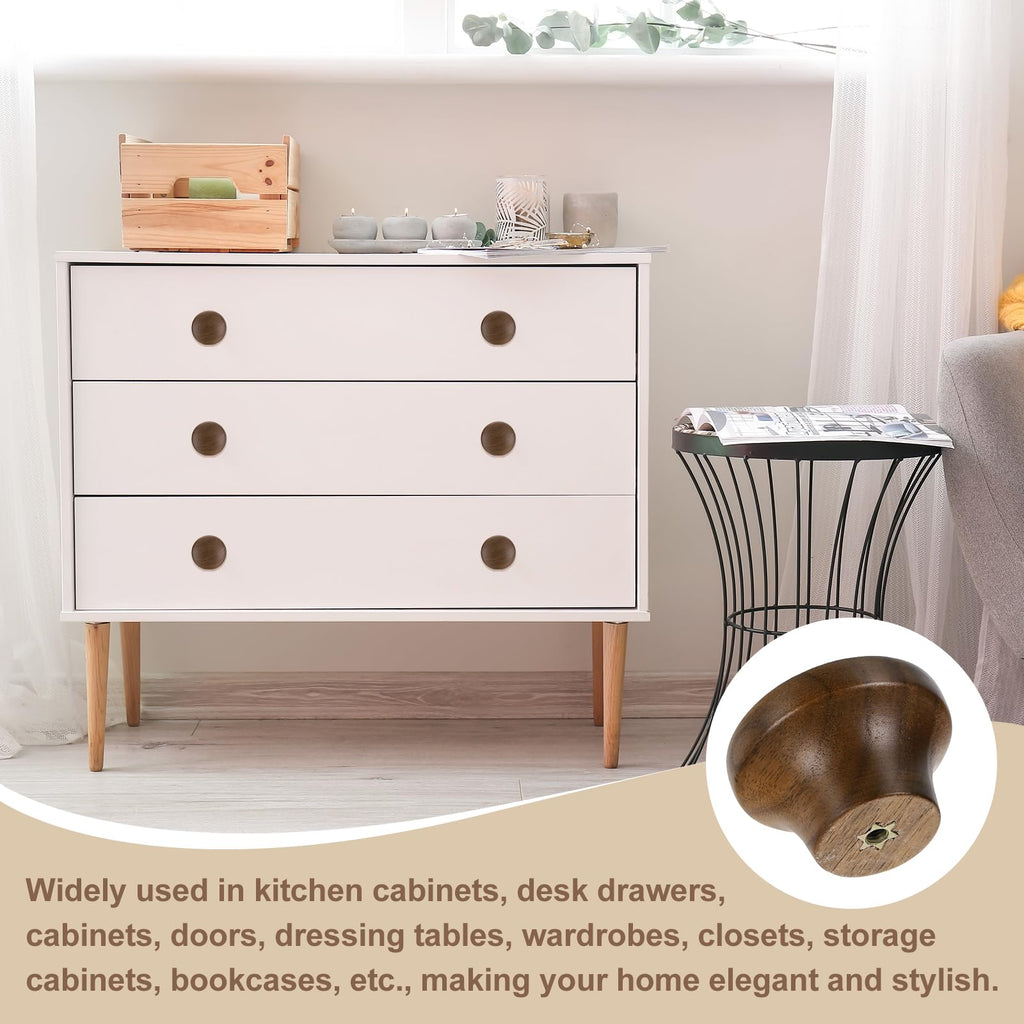 uxcell 6Pcs Round Wood Drawer Knob, 1 5/8" Diameter Flat Head Dresser Knobs Wooden Knobs with Screws for Furniture Drawer Dresser Wardrobe Cupboard, Walnut