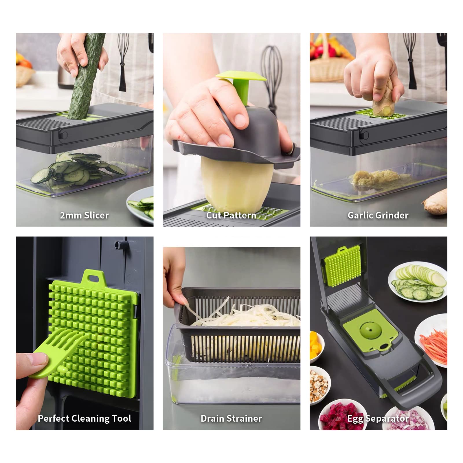 Vegetable Chopper Cutter Slicer Multifunctional 13-in-1 Food Veggie Onion Potato Fruit Chopper Cutter Dicer with Container, 8 Interchangable Blades, Hand Protector, Drain Strainer, Cleaning Brush