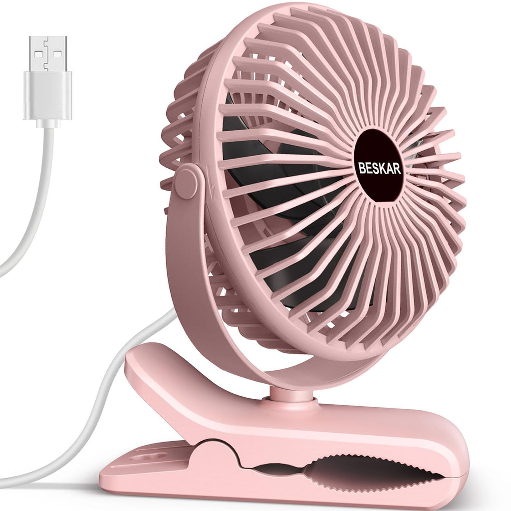 BESKAR USB Powered Clip on Fan, Portable Small Fan with Cord, 3 Speeds Strong Airflow, Personal Fan with Sturdy Clamp, Quiet Desk Fan & Clip Fan