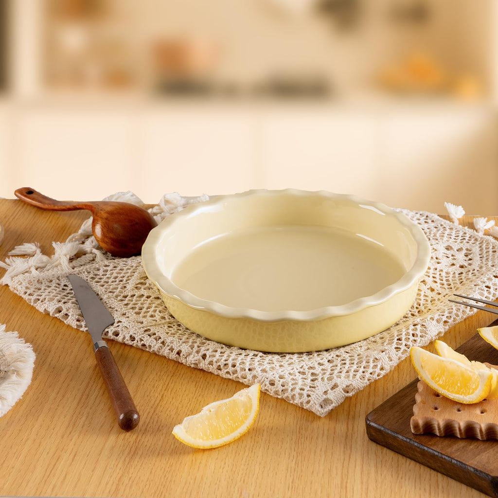 Avcylltty Ceramic Pie Pan for Baking 10 inch, Pie Dish for Quiche, Apple Pie, Pot Pies, Deep Dish Pie Plate with Ruffled Edges, Non-Stick Cake Pan, Microwave,Dishwasher,and Oven Safe, Butter Yellow