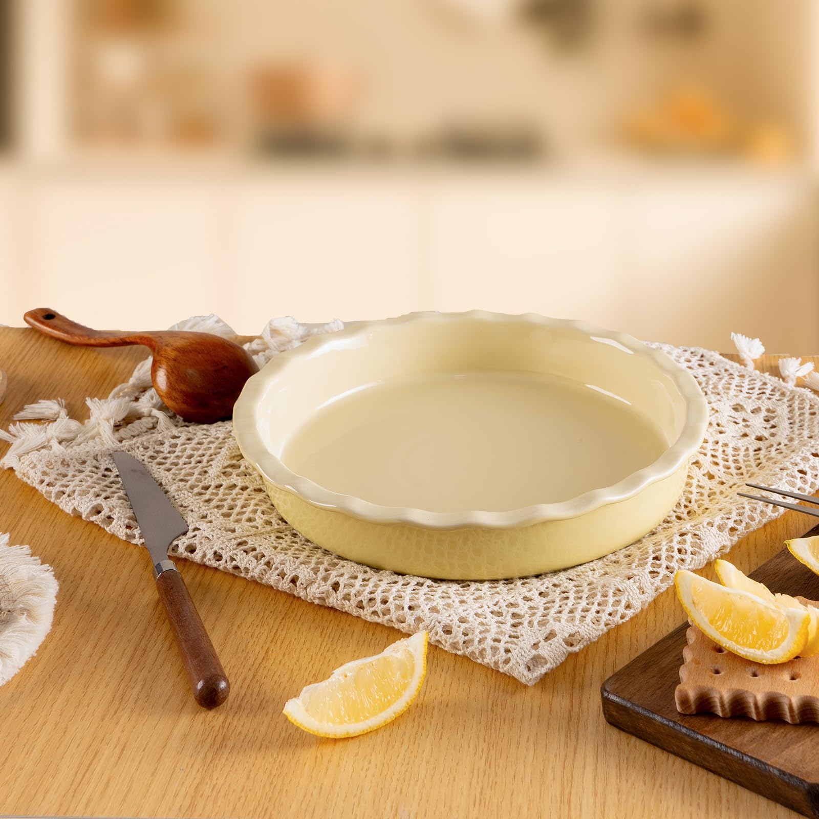 Avcylltty Ceramic Pie Pan for Baking 10 inch, Pie Dish for Quiche, Apple Pie, Pot Pies, Deep Dish Pie Plate with Ruffled Edges, Non-Stick Cake Pan, Microwave,Dishwasher,and Oven Safe, Butter Yellow