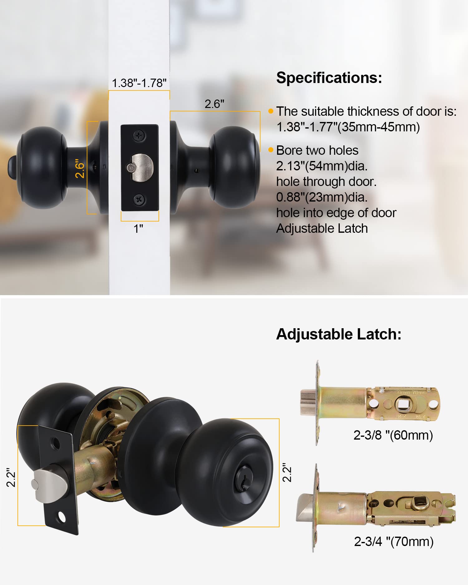 Black Door Knobs with Lock and Keys, Interior/Exterior Door Knob for Bedroom or Bathroom, Entry Door Lock for Front Door by Lanwandeng