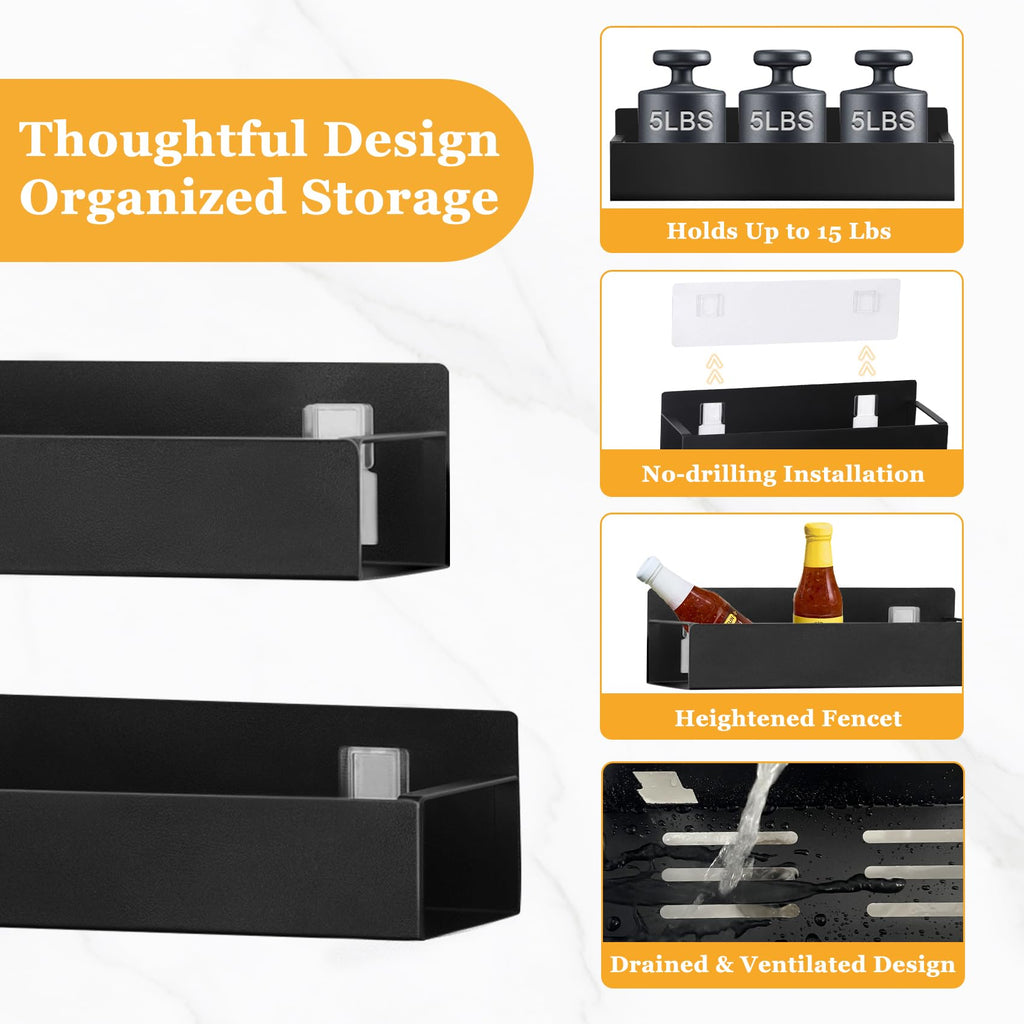 SYLLENHOD Kitchen Spice Rack for Wall: 2 Packs Black Adhesive Spice Racks Wall Mount - 11.8" Large Hanging Storage Organizer Cabinet Without Drilling for Smooth Wall - Work Room Bathroom Shelves