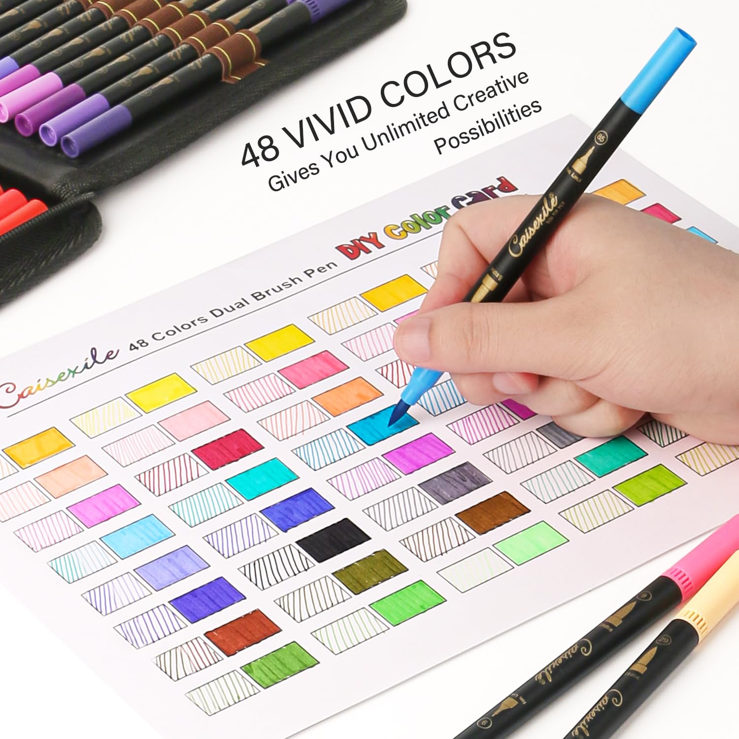CAISEXILE 48 Color Duo Tip Pens, Fine Point Brush Coloring Art Markers & Journal Planer Pen Set for Adult Coloring Books Drawing Sketching Calligraphy Writing Note Taking