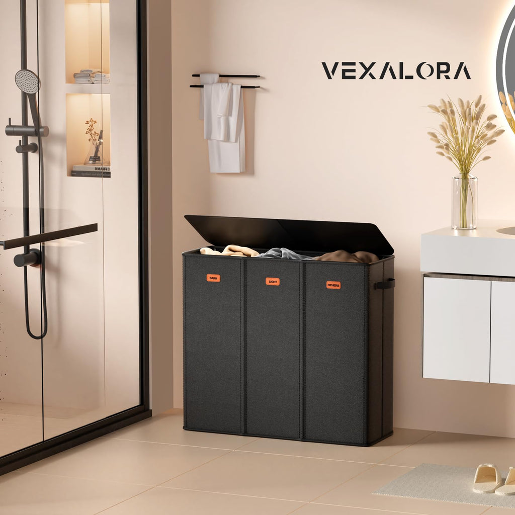 Vexalora 185L Laundry Hamper 3 Section, Laundry Hamper with Lid, Dirty Clothes Hamper with 3 Removable Washing Bags, Extra Large Laundry Basket Organizer for Bedroom, Laundry Room, Dorm - Black