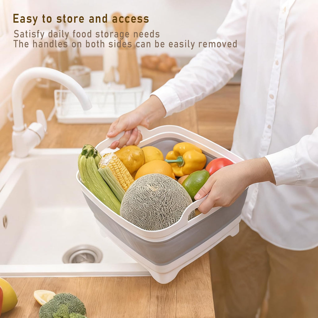 NIKONIKO Collapsible Sink, 9L Portable Wash Basin with Handle and Drain Plug, Grey