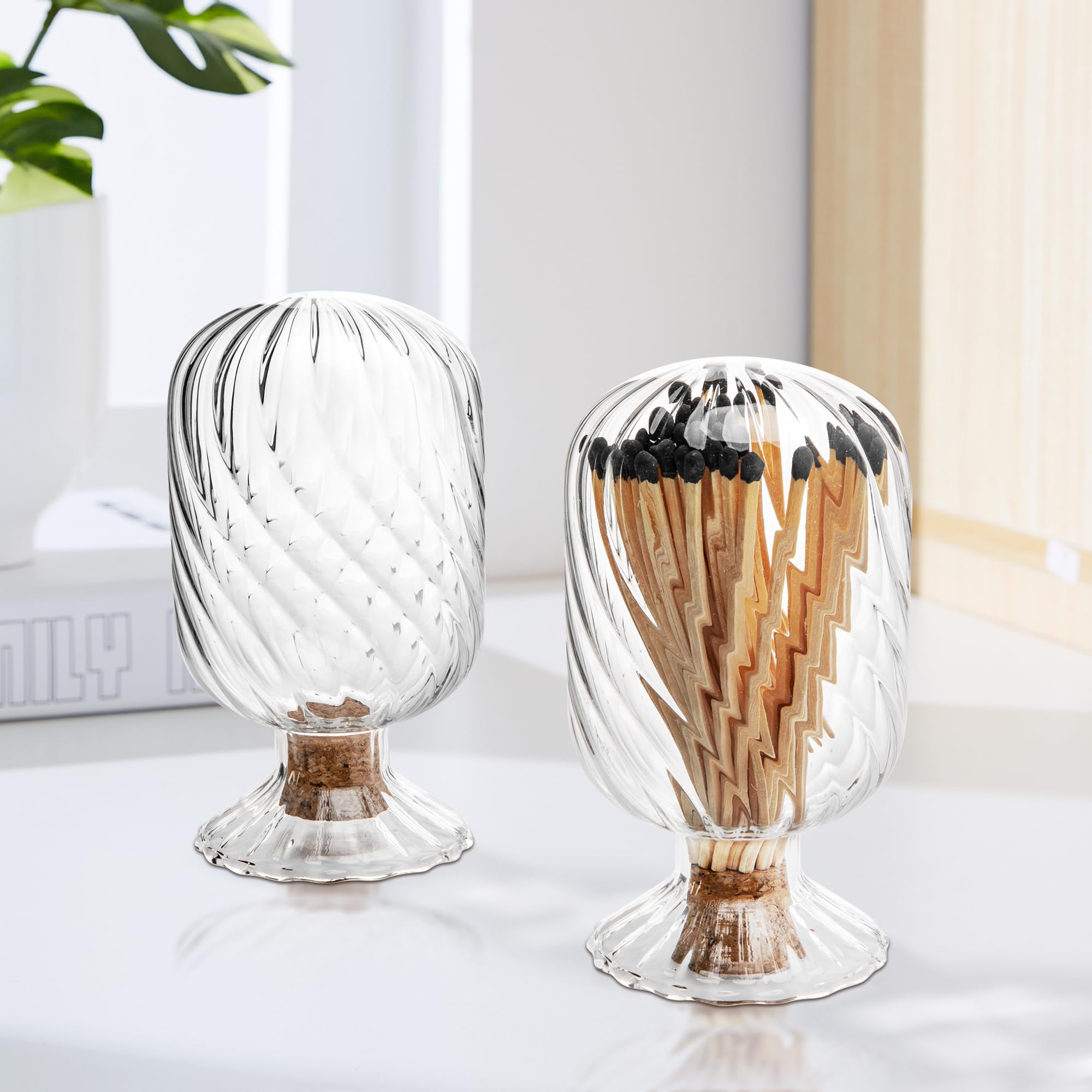 moonoom 2 Set Helix Shaped Match Holder, Glass Matches Cloche for 3.5 Inch, Upside Down Match Holder Jar for Scented Candle on Dining Table Fireplace Bathroom Decoration, Not Include Matches