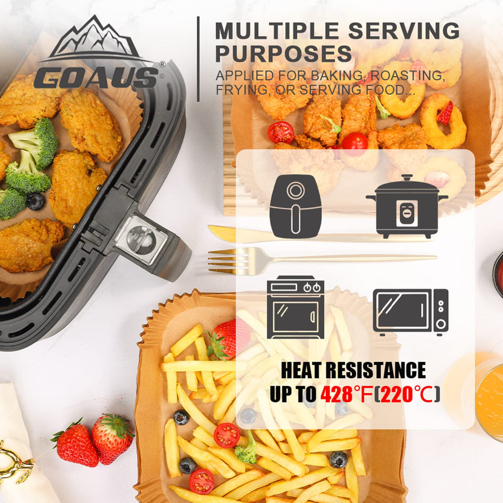 GOAUS Air Fryer Disposable Paper Liner Square Large 150 Pcs for 5 to 8 Qt Basket, 7.9 inch Unbleached Non-stick Oil-proof Parchment Paper