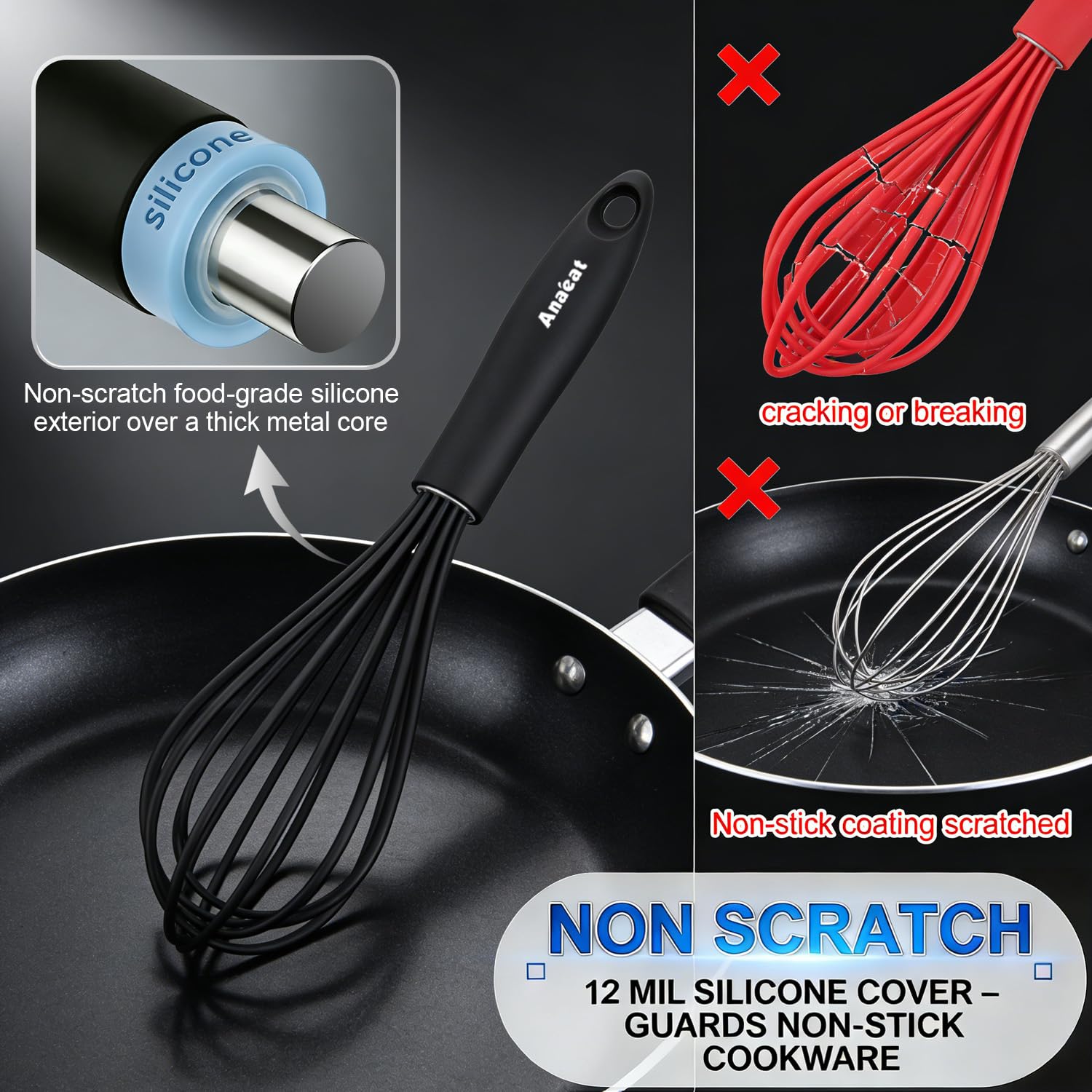 Anaeat Silicone Whisk Set, Thick Stainless Steel Wire Inner, Heat Resistant & Non-Stick Cookware Kitchen Whisks, Milk and Egg Beater Blender, Balloon Egg Beater for Cooking, Baking, Beating, Stirring