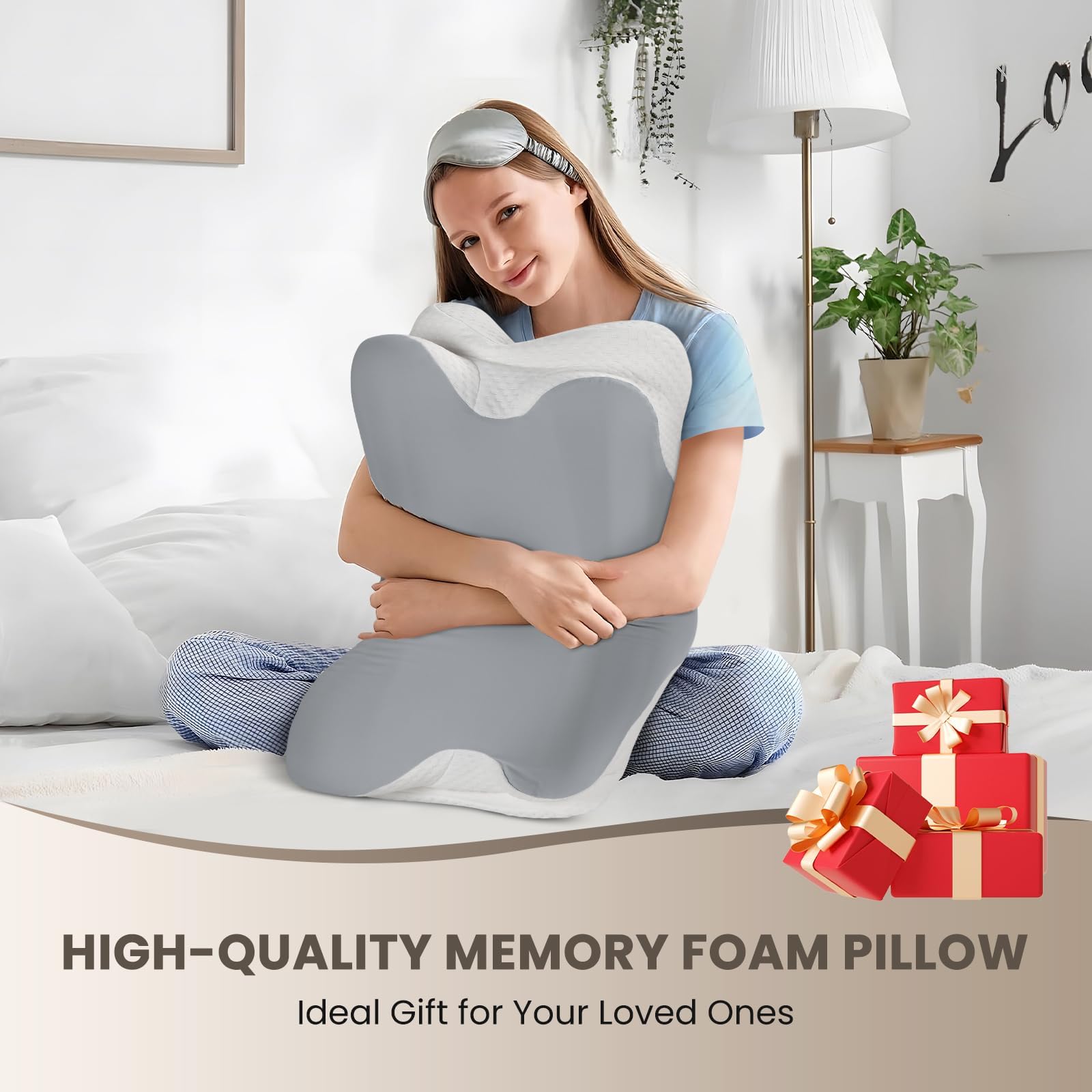 JINXIA Cervical Neck Pillows for Neck and Shoulder Pain Relief, Contour Memory Foam Pillow with Cooling Silk Case, Sleeping Cooling Neck Support Pillow, Back & Stomach Sleepers, White & Gray