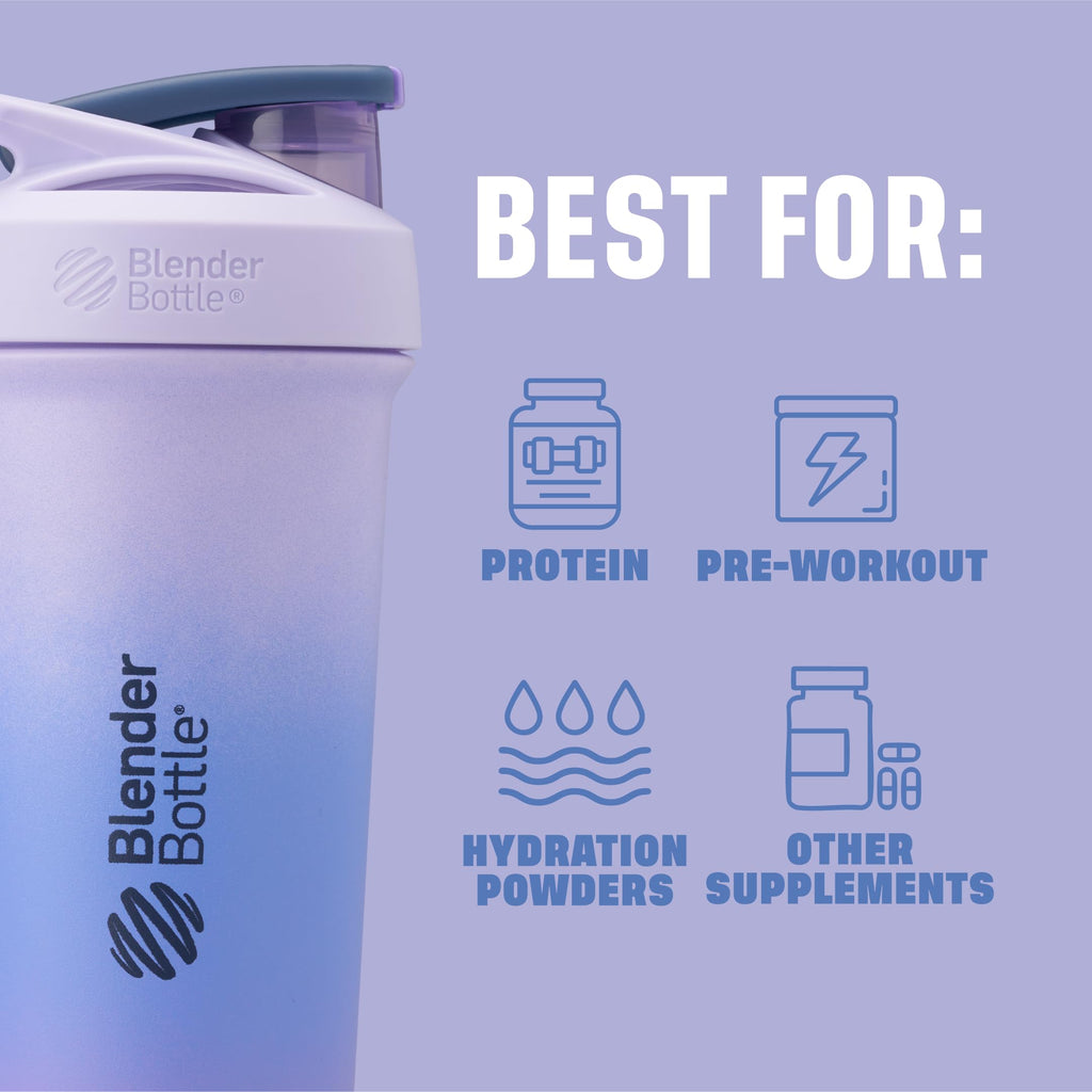 BlenderBottle Strada Sleek Insulated Stainless Steel Water Bottle with Wire Whisk, 25-Ounce, Lavender Ombre