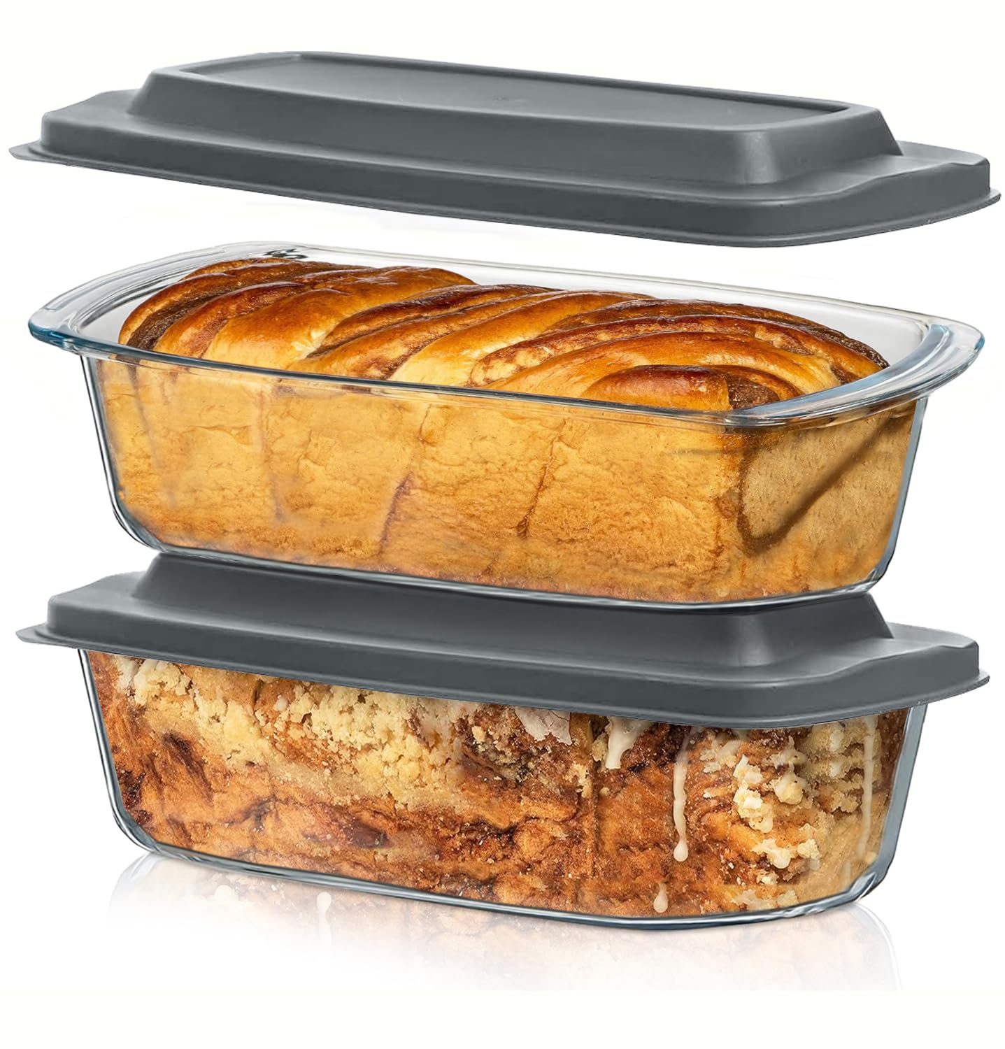 Razab 7.6 Cups / 1800ml / 1.9 Qt Large Glass Loaf Pan with Lids (Set of 2) - BPA-Free Meatloaf Pan with Easy-Grip Handle - 10 x 5 in Bread Baking Pan, Microwave & Oven Safe